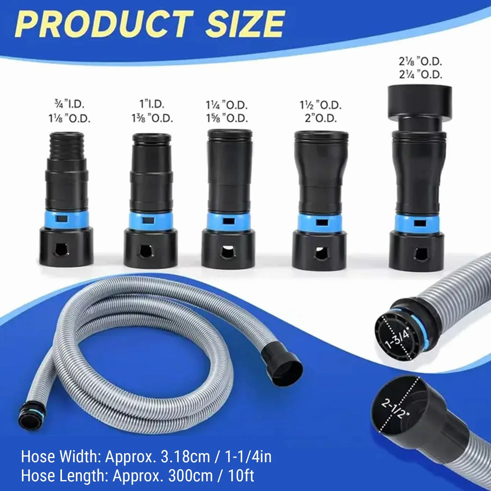 Kit de Manguera de Recolección de Polvo con 6 Adaptadores, Manguera de Aspiradora de 1-1/4 Pulgadas X 10 Pies con Succión Ajustable para Herramientas Eléctricas, Lijadoras y