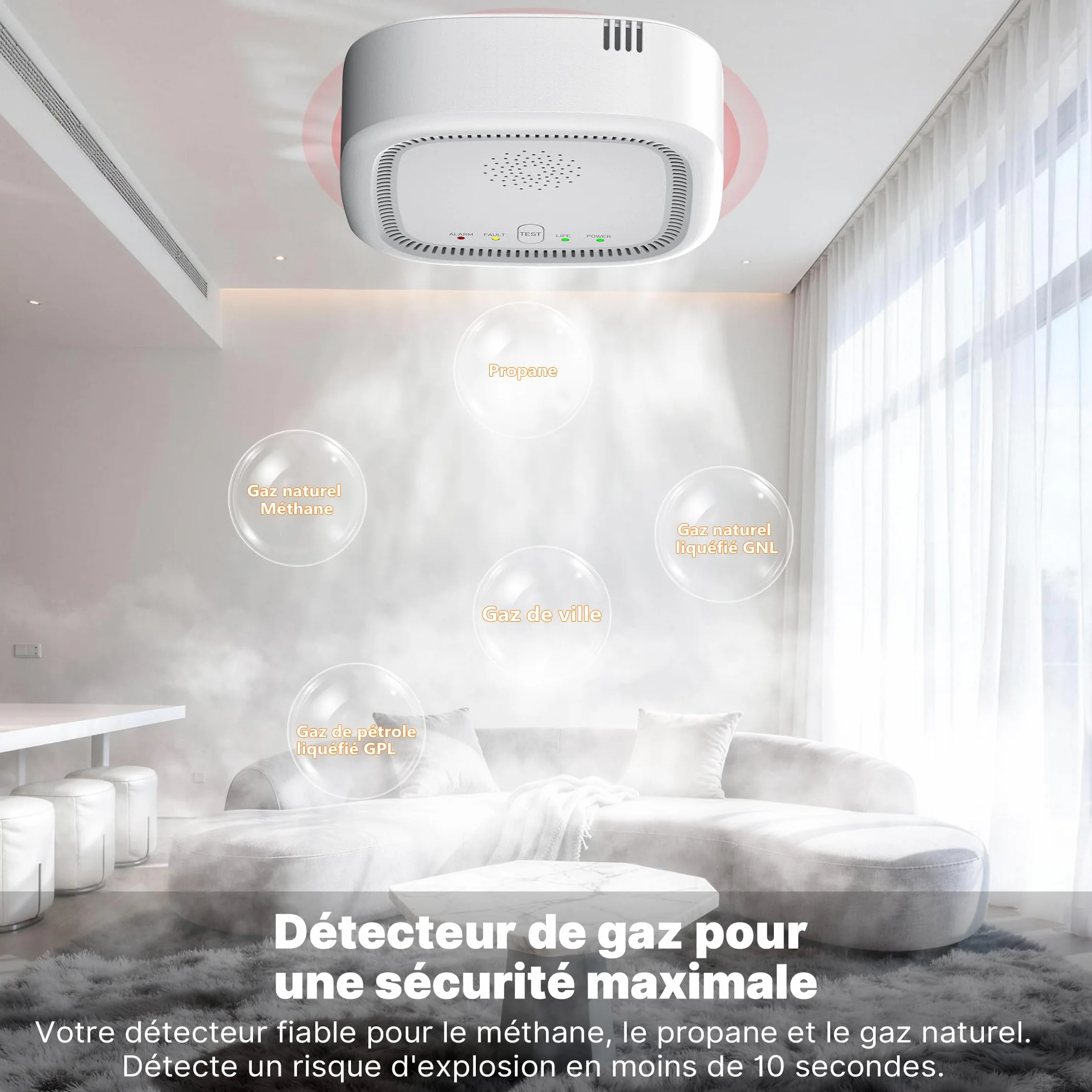 Detector de Gas 100% a Baterías, Detecta Gas Natural GPL Metano Propano con Alarma Acústica y Visual para Casa y Autocaravana (No Incluye Pilas)