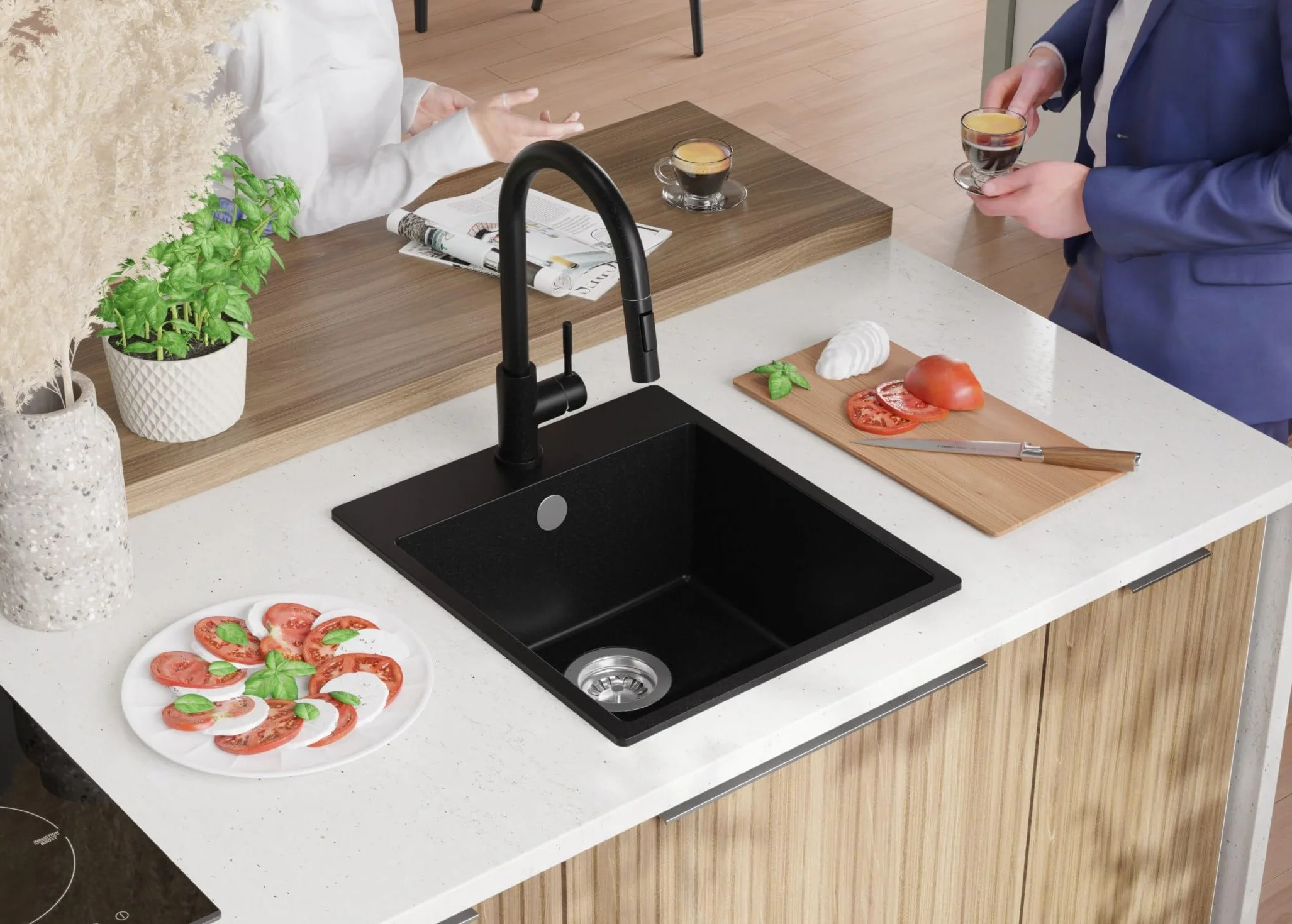PRIMAGRAN Fregadero Cocina Negro 43x50cm, Granito 1 Seno + Sifón, Sobre Encimera al Mueble 45cm - Riga S125