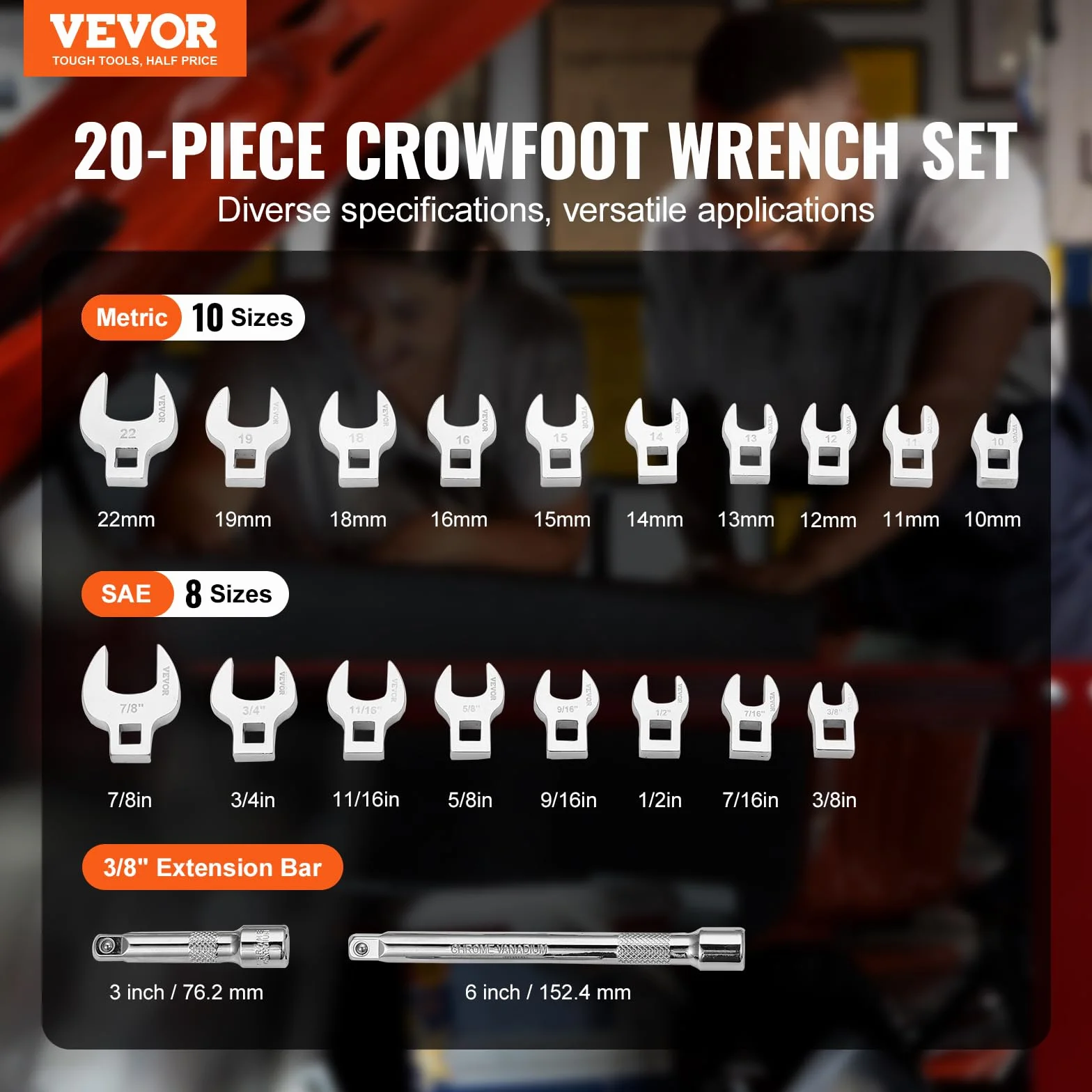 VEVOR Juego de llaves de pie de cuervo, 20 piezas, accionamiento de 3/8", métrico 10-22 mm SAE 3/8-7/8", llave de palanca de acero 40Cr, 2 barras de extensión para reparación de llaves dinamométricas