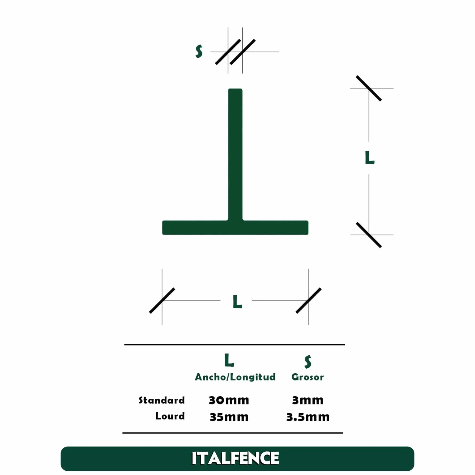 Poste T H125cm 30x30x3mm en hierro plastificado verde [5 piezas]