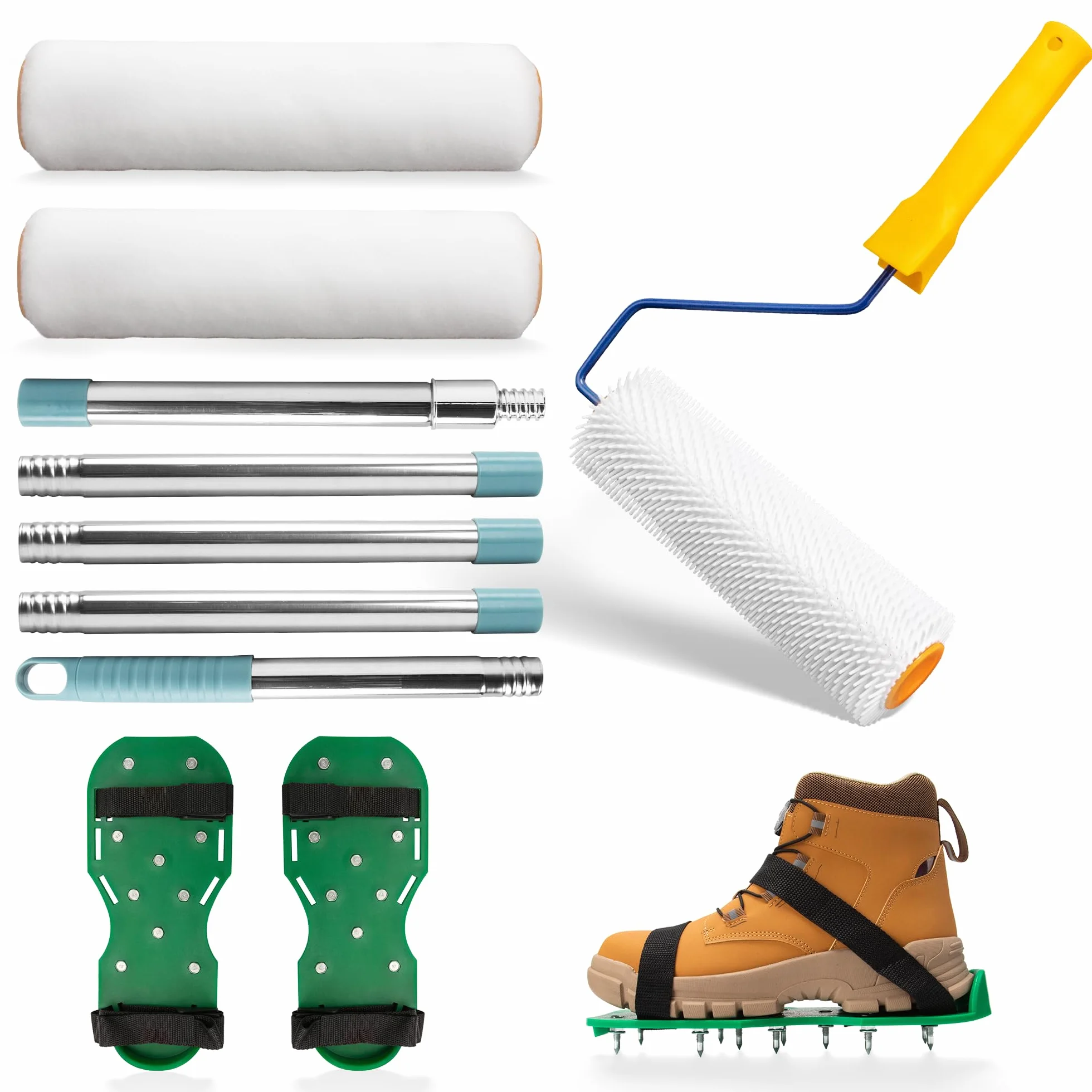 kit de Herramientas de Autonivelación de Cemento, Rodillo de Púas Autonivelante 23 cm 2 Rodillo Pintura 23 cm Puntas de Pisos Palo Telescopico Limpieza 1,5 m, Mortero Autonivelante