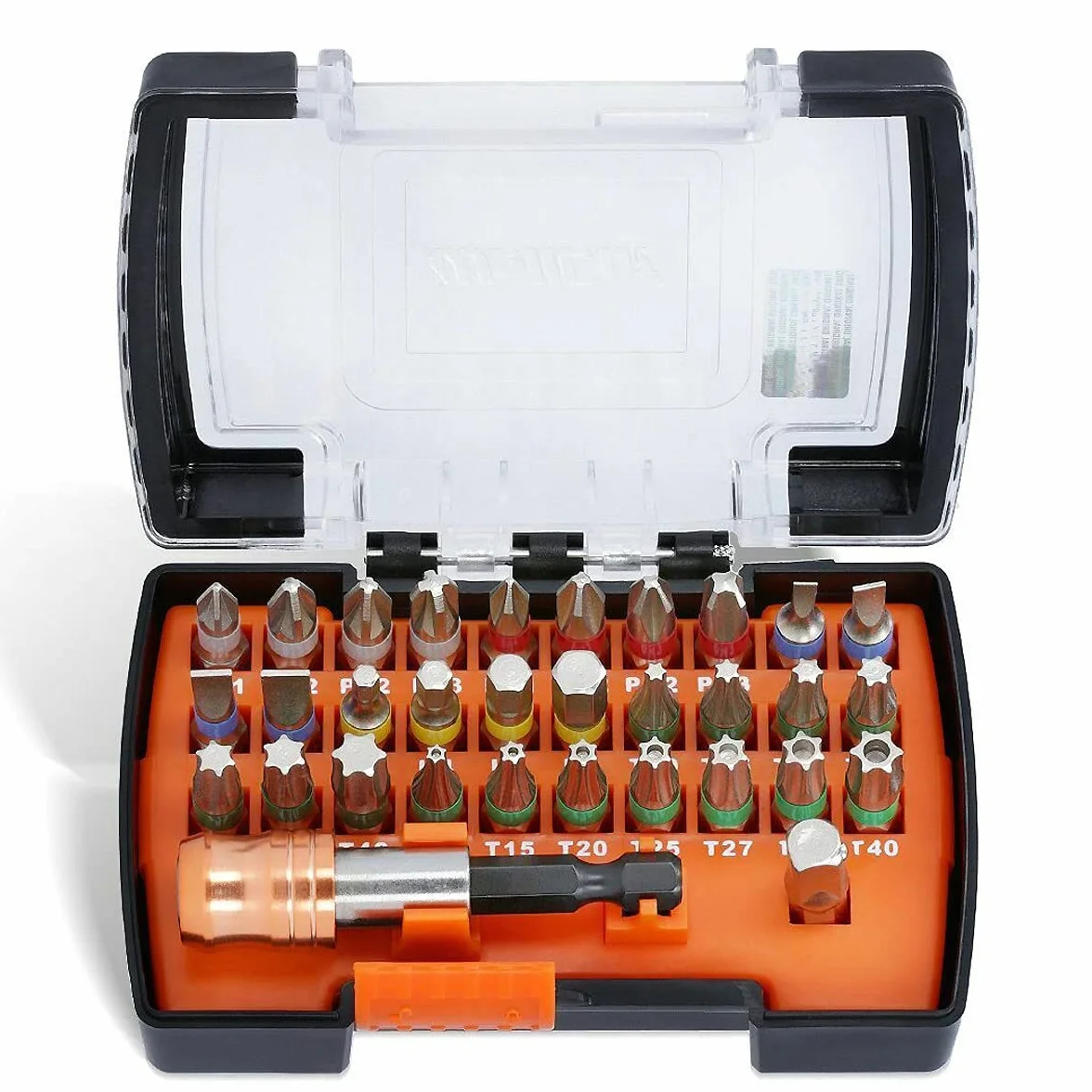 WellCut Juego de 32 puntas de destornillador magnéticas codificadas por colores para taladro y destornillador sin cable con caja de plástico negro y naranja