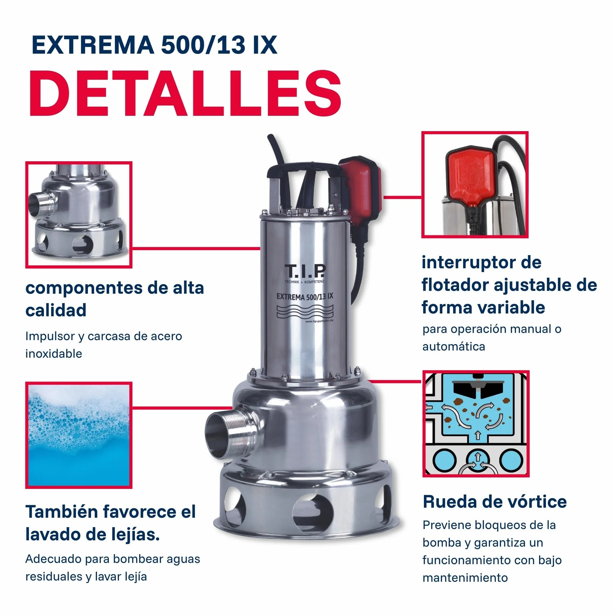 T.I.P. 30171 Bomba sumergible para aguas residuales Extrema 500/13 PRO de acero inoxidable 30 000 l/h