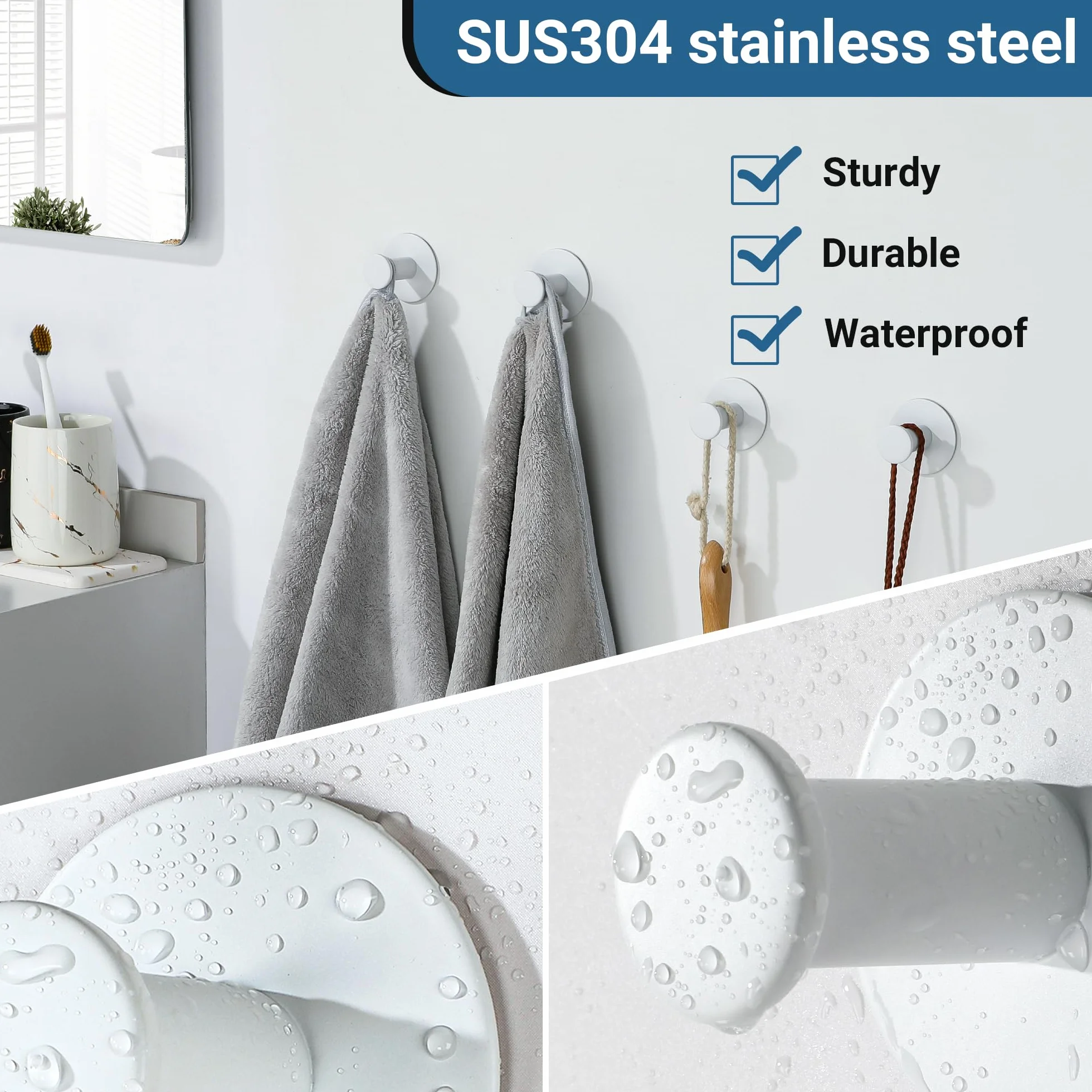 SAYAYO Ganchos Adhesivos para Pared, SUS304 Acero Inoxidable Ganchos para Colgar, Blanco Colgador Toalla Baño, Gancho Pared 2 Piezas para Baño, Dormitorio y Cocina