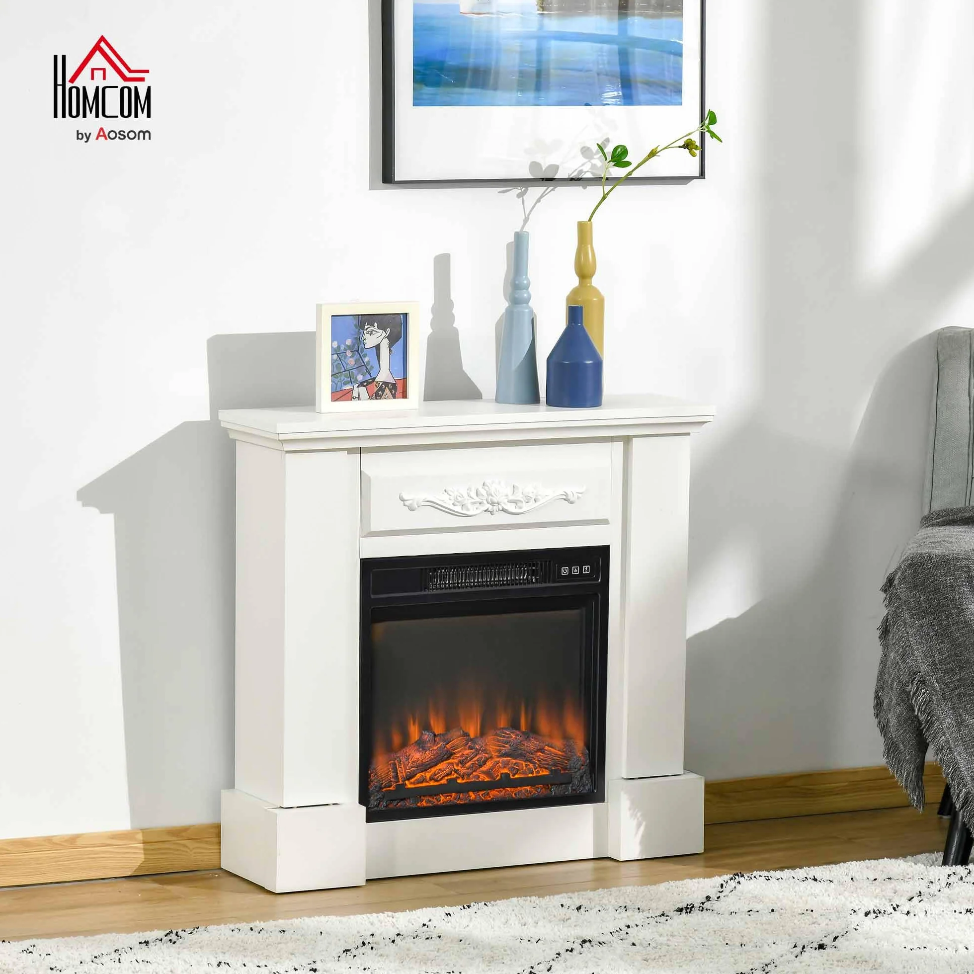 HOMCOM Chimenea Eléctrica 1800W Chimenea Decorativa con Marco Efecto de Llama Mando a Distancia Temporizador Protección contra Sobrecalentamiento para Sala 30 m² Blanco