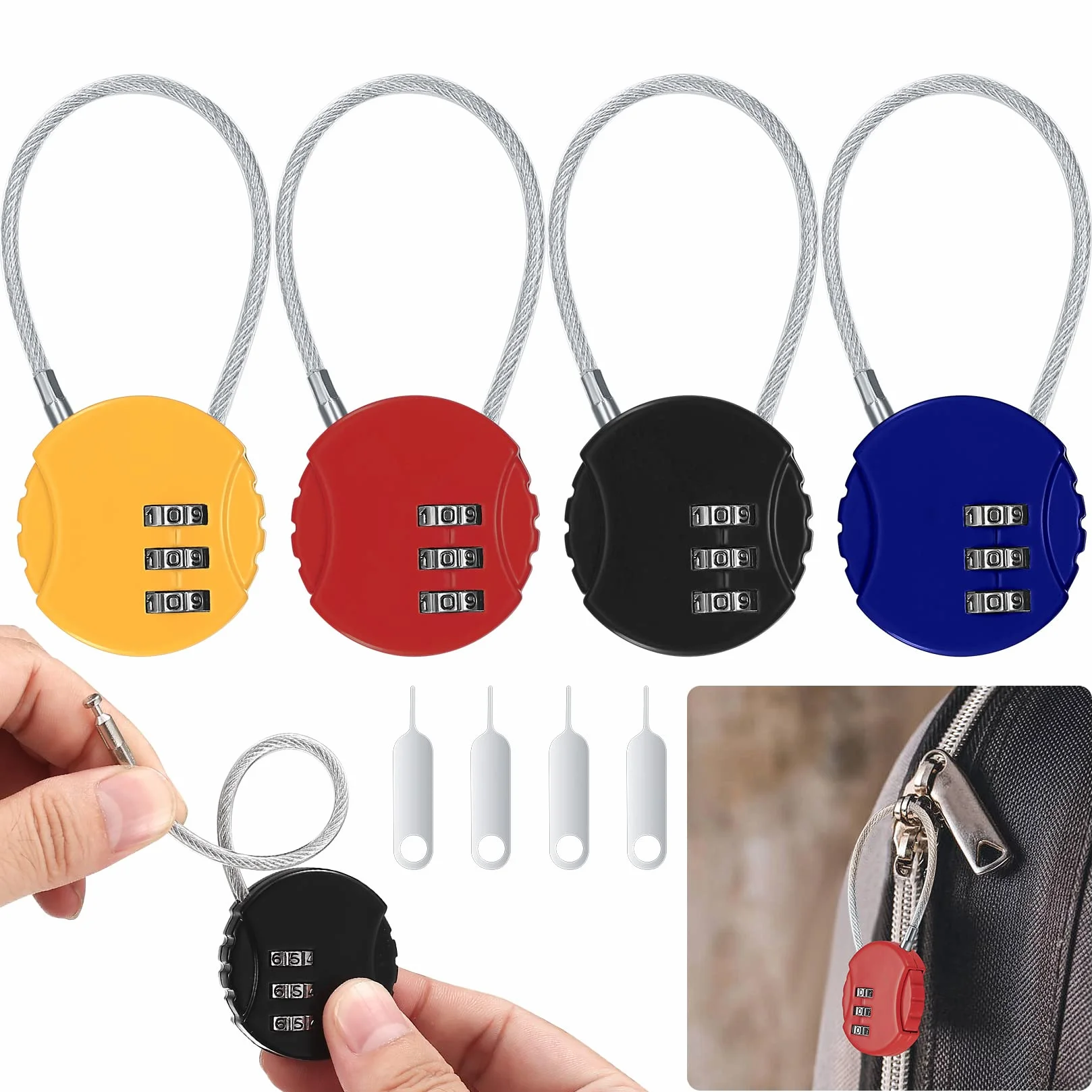 4 Piezas Candados de Combinación, Colores Candado de Alambre para Equipaje, Candados de Seguridad de Combinación de Numerico 3 Dígito para Gimnasio Maleta Equipaje, con 4 Codificadores