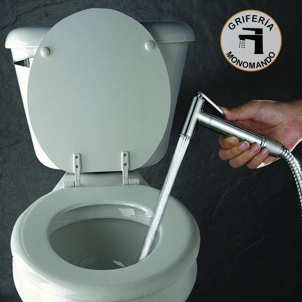 Kibath L473551 Grifo para el WC, higiene íntima para sustitución del Bidet, Monomando Agua fría y Caliente con Ducha de Mano. Diseño Redondo, Cromo Brillo