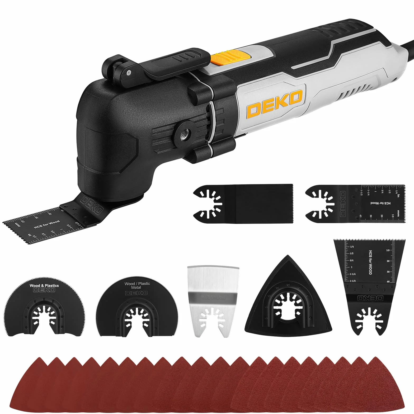 DEKOPRO Herramienta Multiherramienta oscilante de 300W, 15 000-22 000 rpm, Multitool Eléctrico con Cable, Control de 6 Velocidades, Incluye 20 Hojas de Lija, Apto para Madera, Plástico y Metal