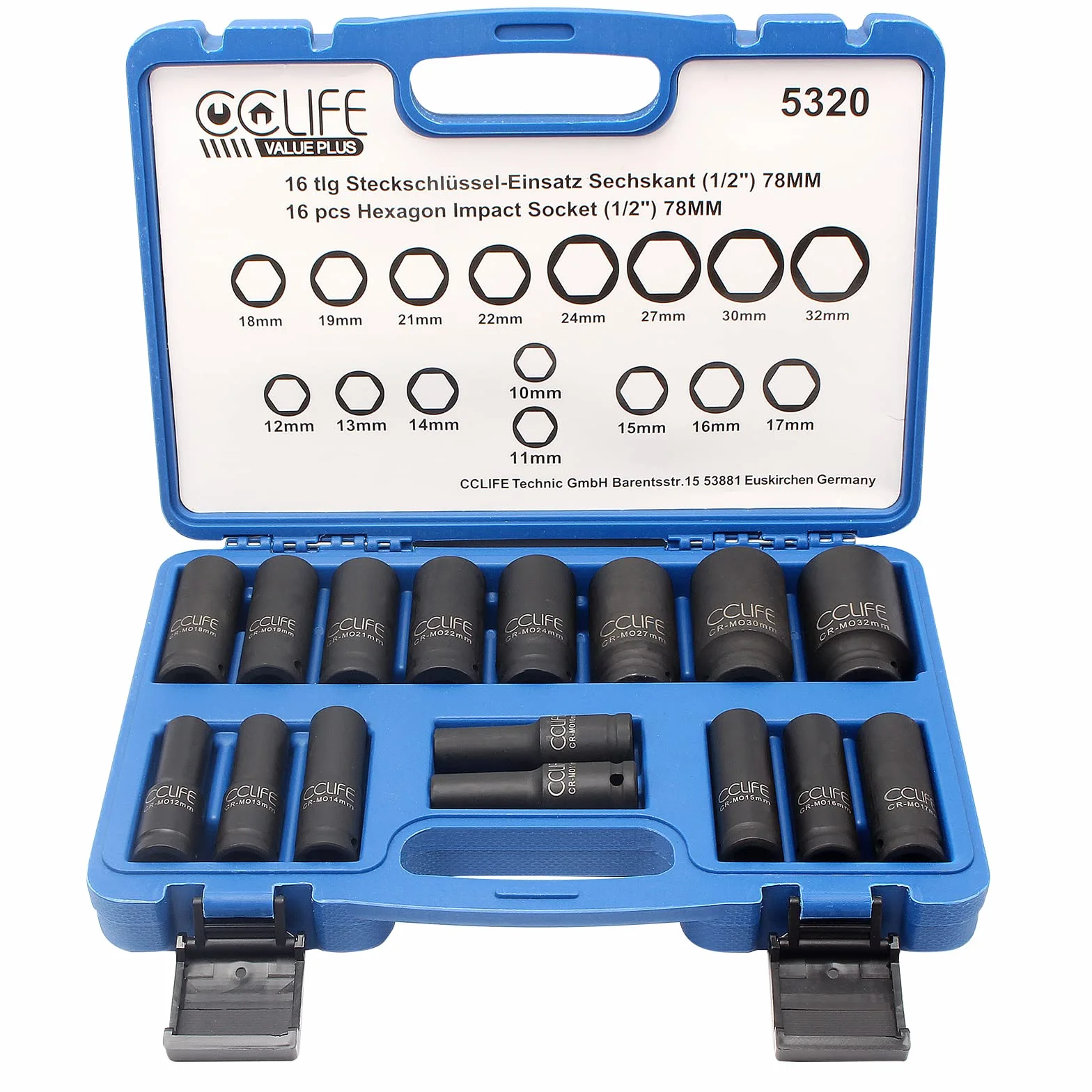 CCLIFE Juego de 16 piezas Llaves de Vaso Impacto 1/2" Vasos de Impacto Largos Cr-Mo 10-32mm