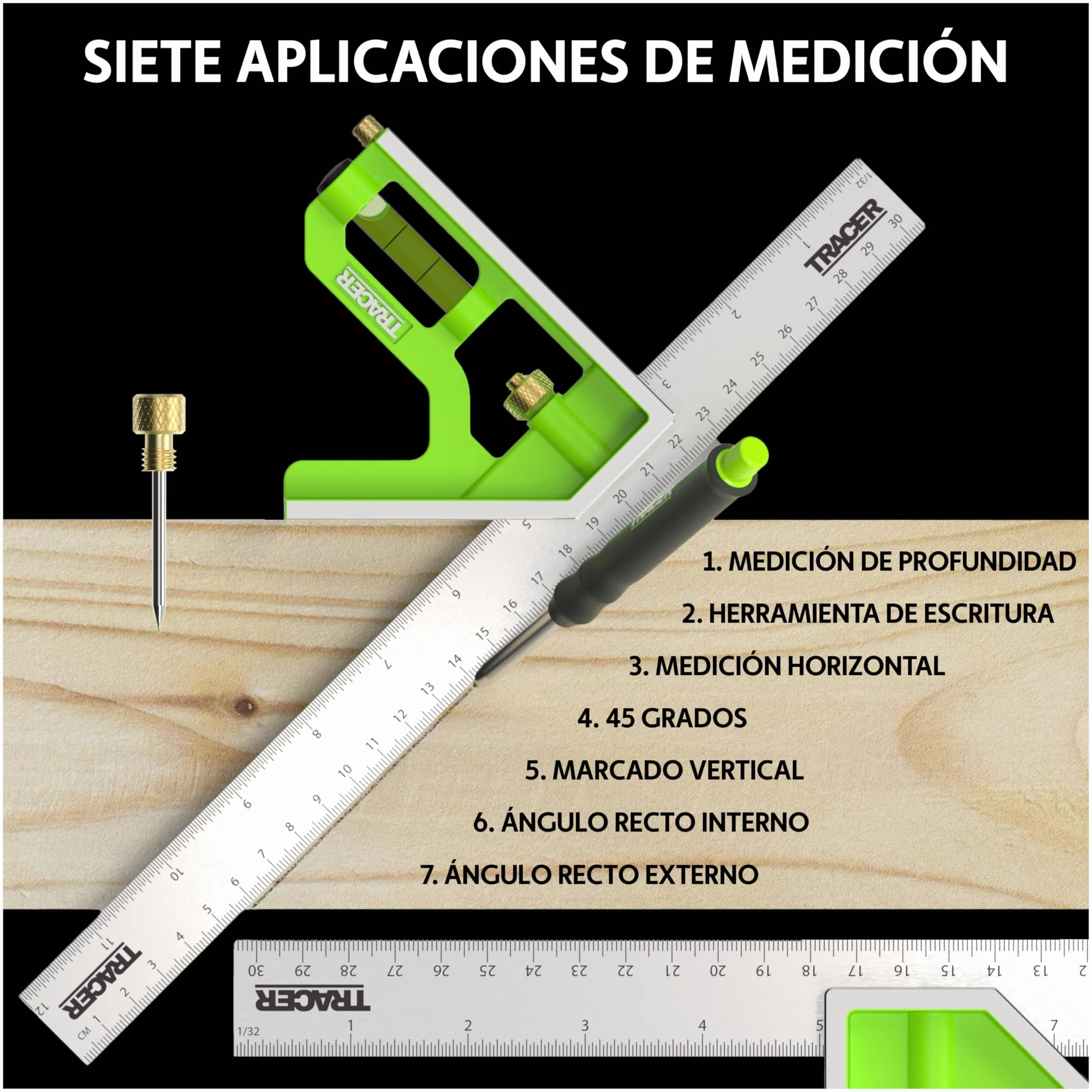TRACER Escuadra combinada 300 mm 45/90 grados nivel de burbuja herramienta de medición