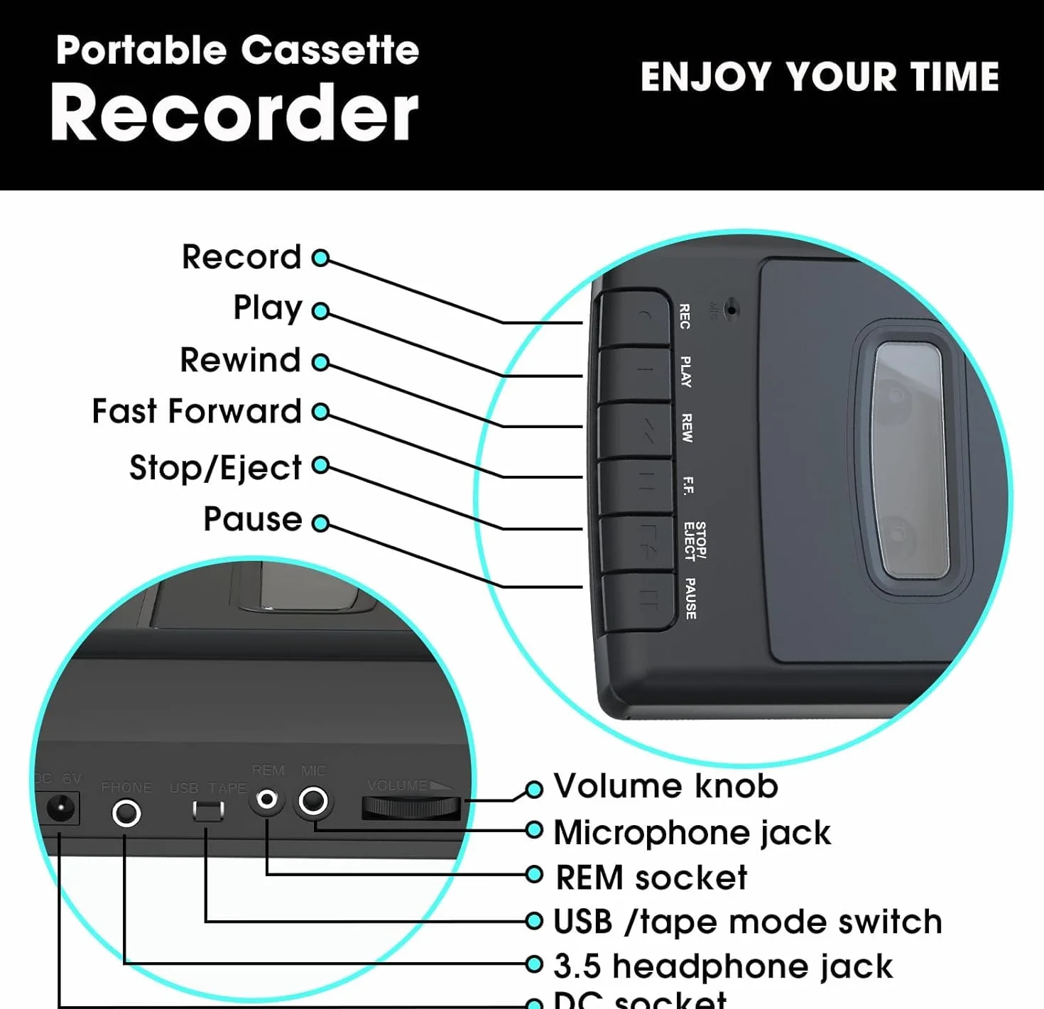 Reproductor de Casete Portátil USB con Micrófono, Convertidor Digital de Casetes a USB