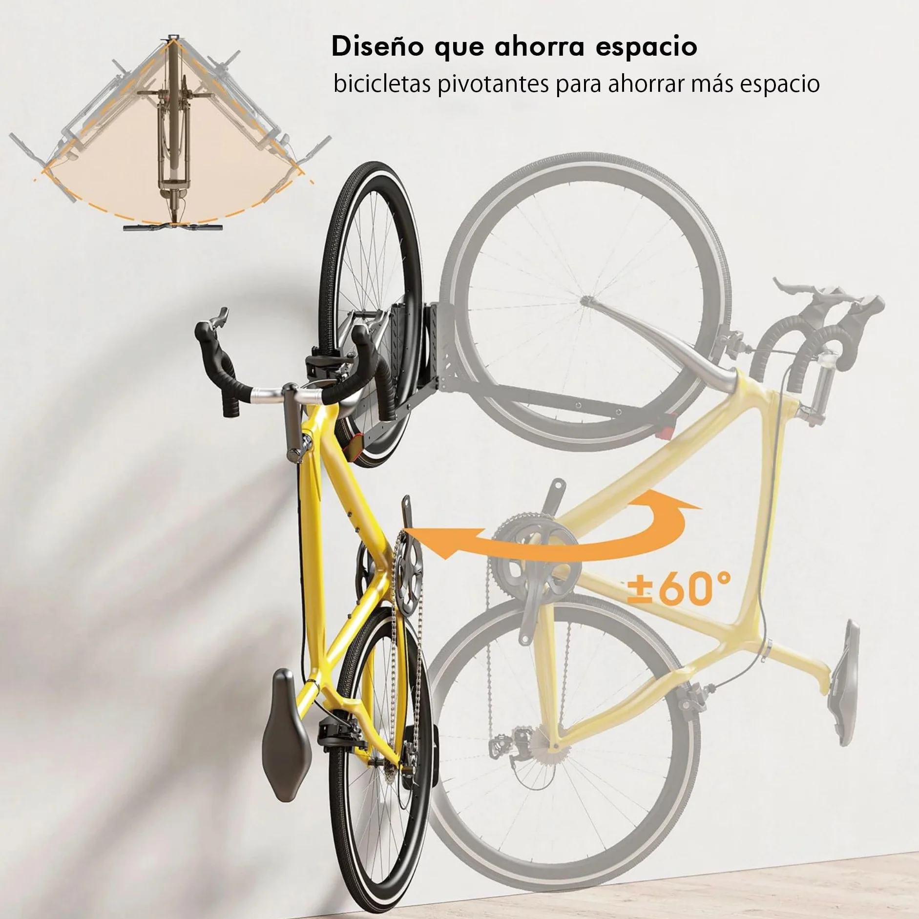 Mimoke Soporte de pared ajustable para bicicleta que ahorra espacio, diseño de elevación fácil con brazo plegable y función giratoria (1 unidad)