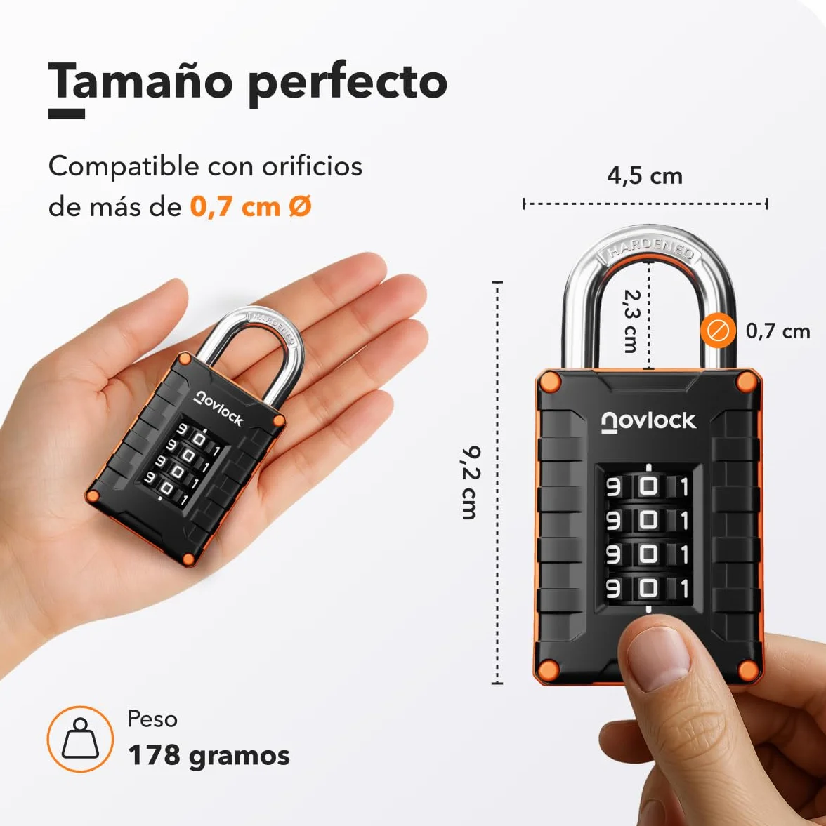 Candado de combinación para taquillas de gimnasio, escuela o trabajo, armarios, puertas, vallas y almacenes – Seguridad de 4 dígitos – Pack de 1, Negro/Naranja