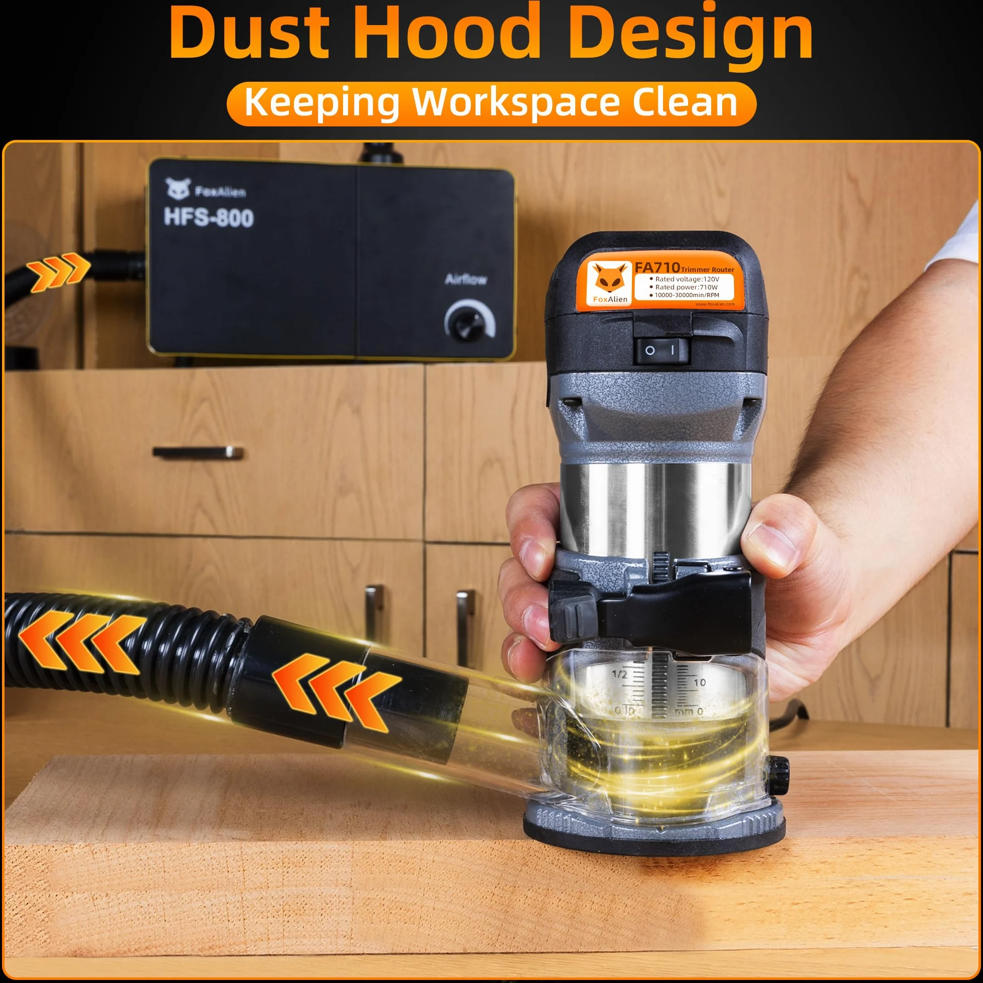 FoxAlien 1 HP 710 W 65 mm de diámetro compacto router de palma para fresadora CNC, 6 velocidades variables Max 30000 R/MIN recortadora de madera con colección de 1/4 pulgadas