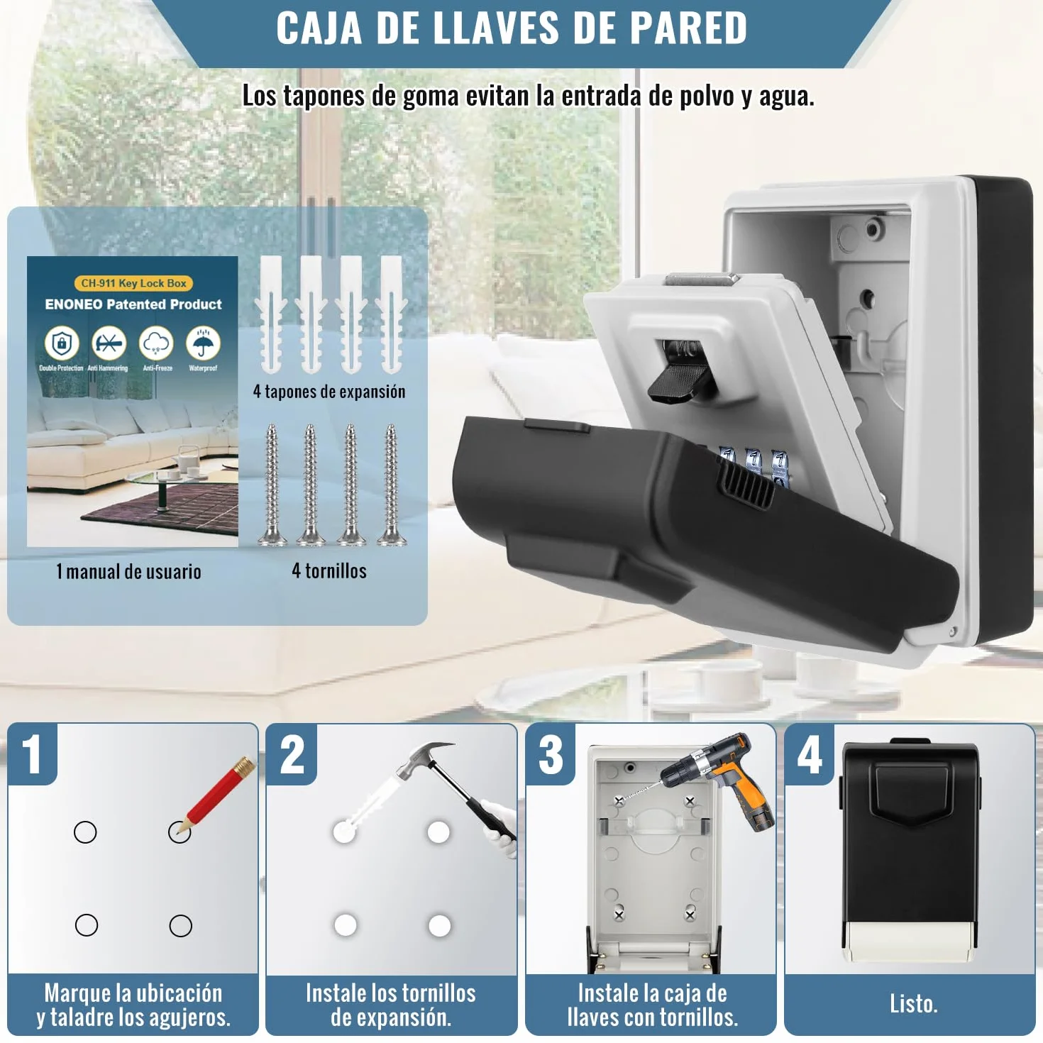 Caja de Seguridad para Llaves Exterior Caja Fuerte para Llaves Impermeable Lluminada Caja de Llave con Codigo 4 Dígitos Caja de Bloqueo para Llave para Hogar Garaje Escuela