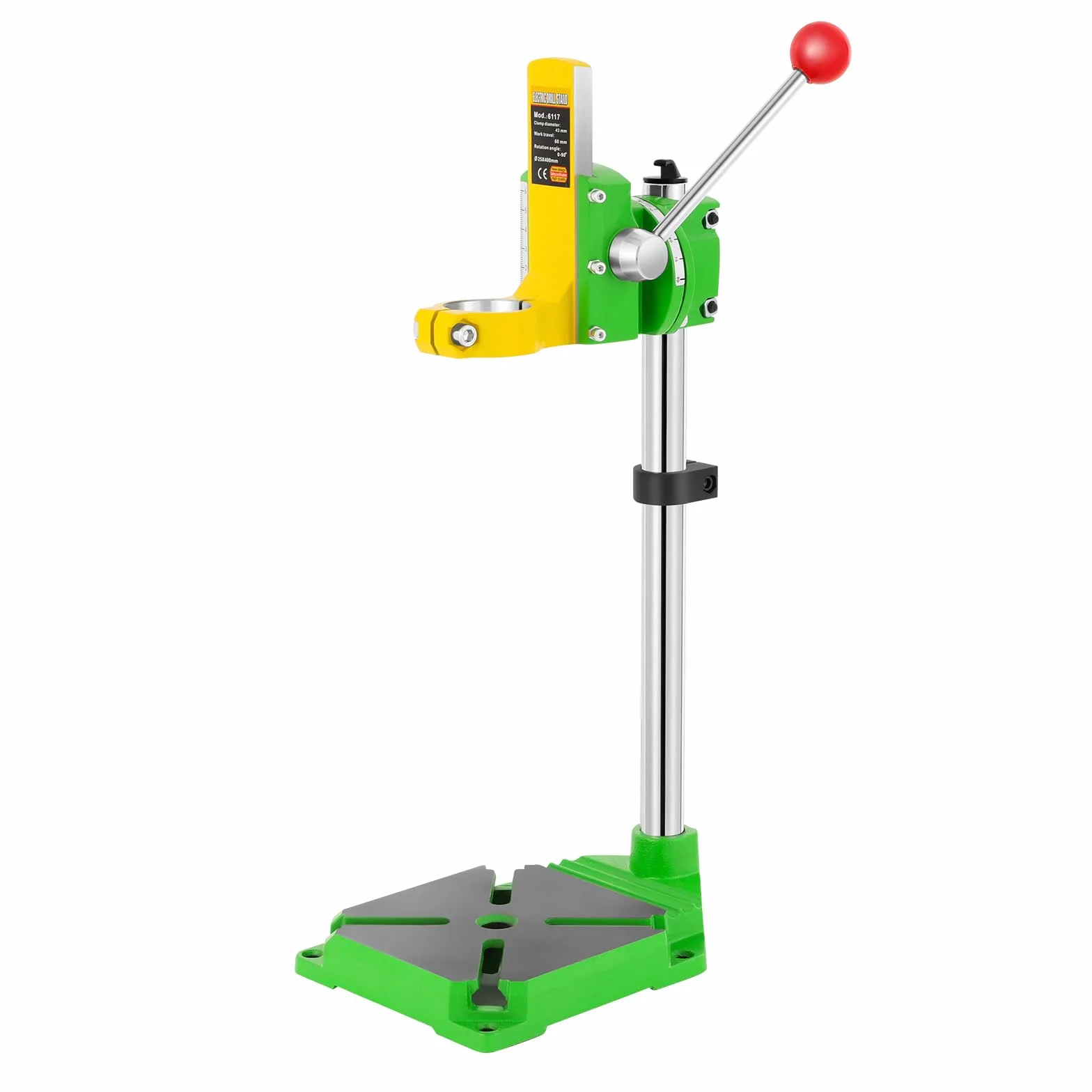 Soporte de perforación giratorio de 90° para taladradora - Banco de trabajo multifuncional con diámetro de collar de 38-43 mm | Incluye 3 cabezas de plástico (diámetro interior: 38-42 mm, 40 mm, 27 mm