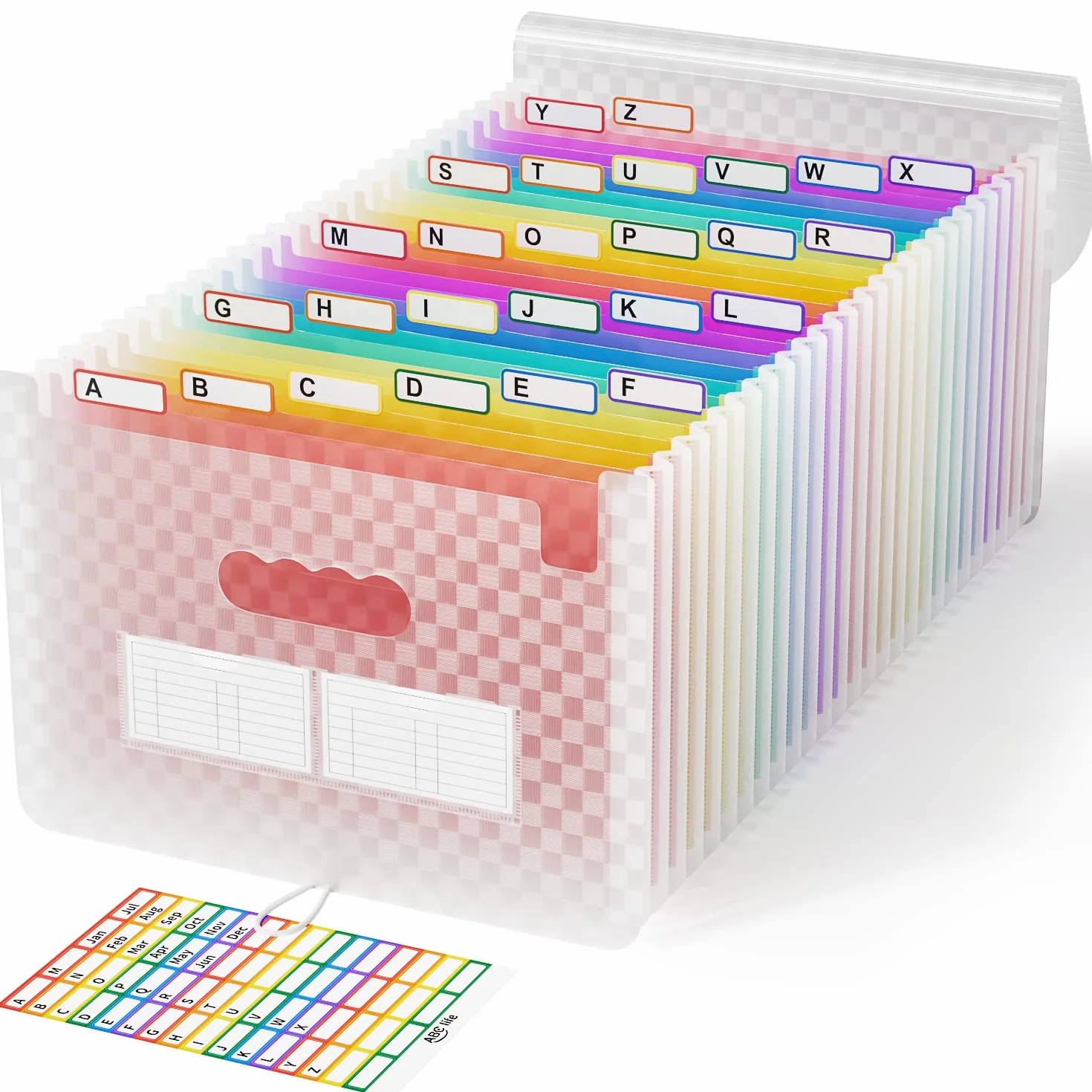 Carpeta Clasificadora de Acordeon A4 26 Bolsillos Plastico Archivador con Patron de Cuadricula Organizador Papeles Extensible Rosado