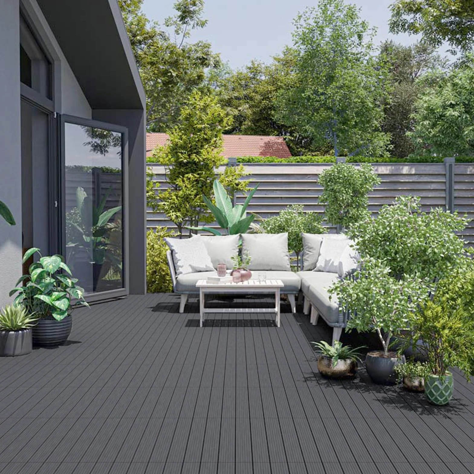 YOEVU - Baldosas de Exterior de Madera Composite WPC | Antideslizantes y Resistentes al Agua | Fácil Instalación | 1.08m² | Set de 6, Patio y Jardín, 30X60cm (Antracita)