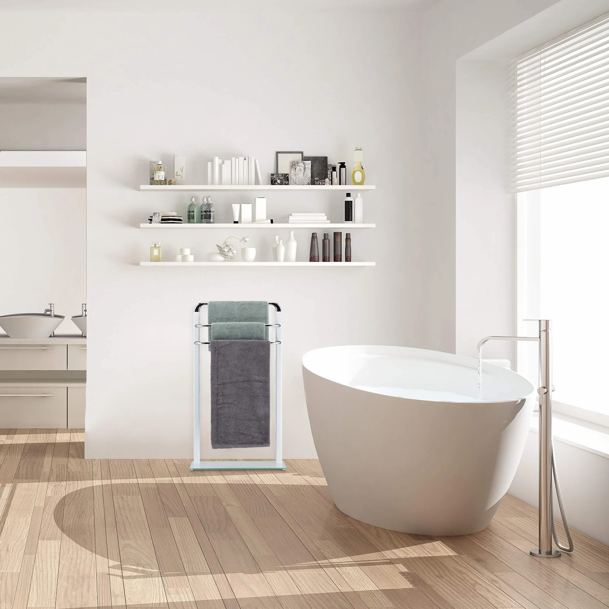 Relaxdays Toallero de Pie con 3 Barras, Metal Cromado-Cristal Esmerilado, Blanco-Plateado, 80x45x20 cm