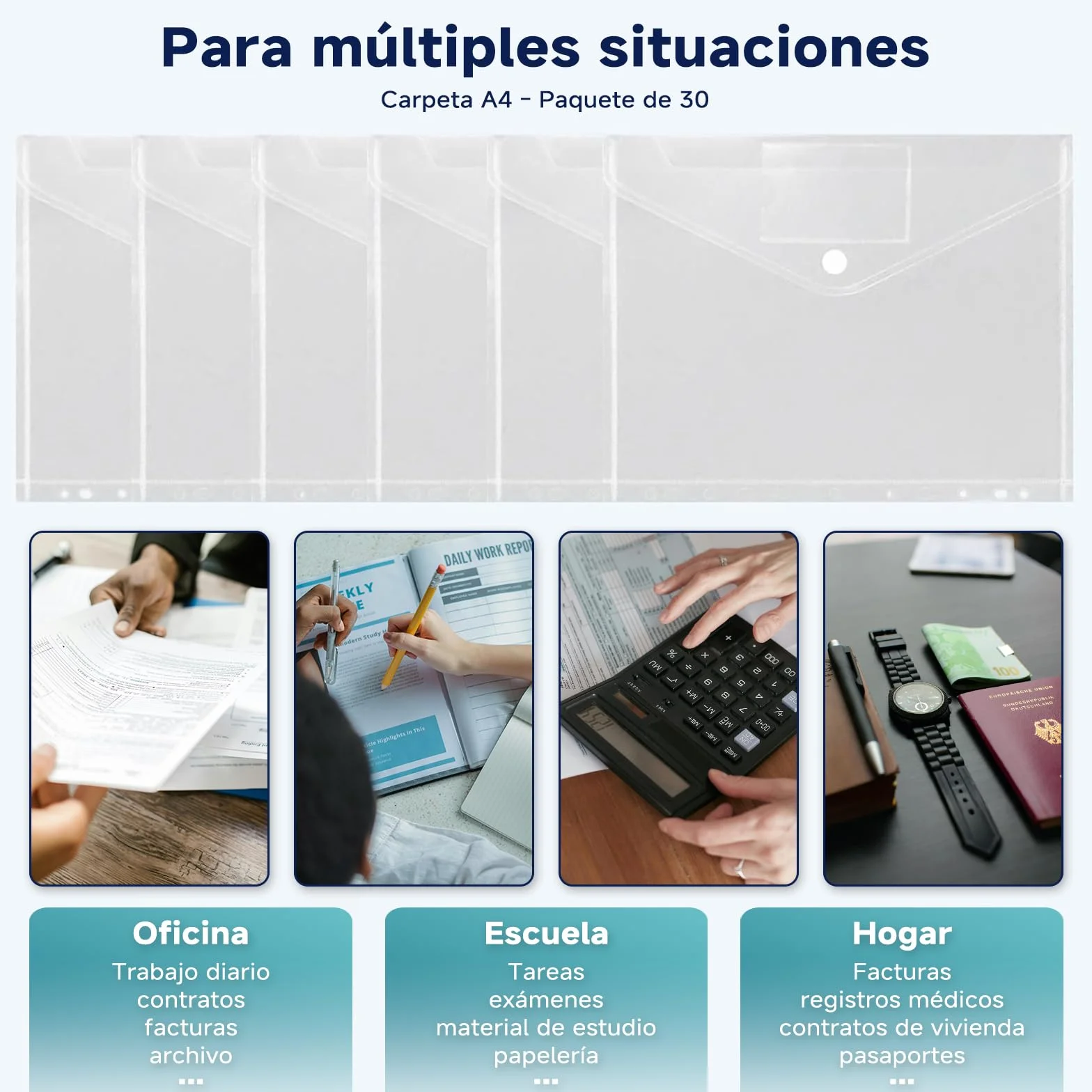 Carpeta Fundas Plastico A4 30 PCS Carpetas Transparentes con Cierre de Gancho y Bucle Portafolios 11 Agujeros