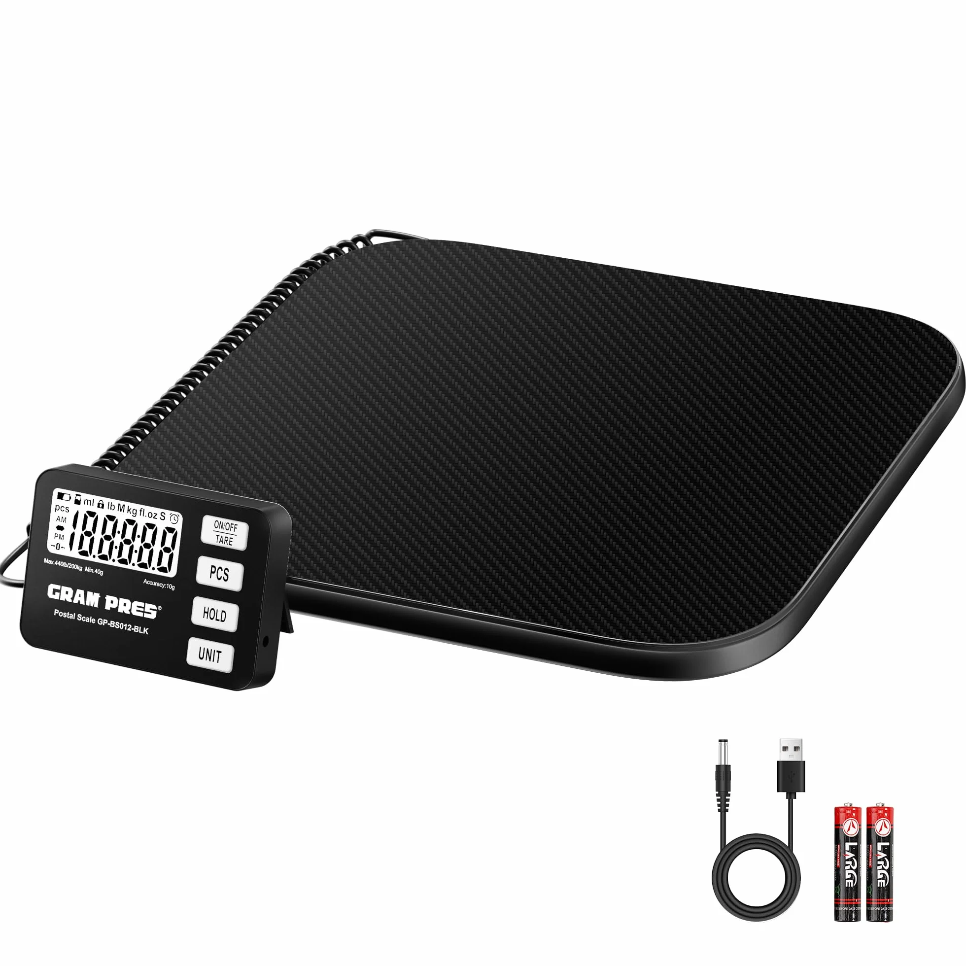 GRAM PRES Báscula de envíos digital 200 kg/10 g pantalla LCD retención tara piezas batería USB