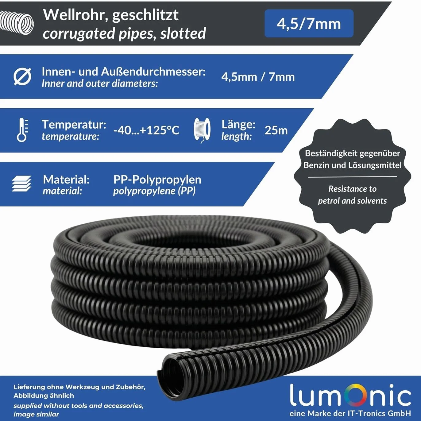 Lumonic 25m Tubo Ondulado ranurado | Diámetro Interior 4,5mm | -40...+125°C | Polipropileno ignífugo | Solar, cableado doméstico, automóvil, Armario de distribución