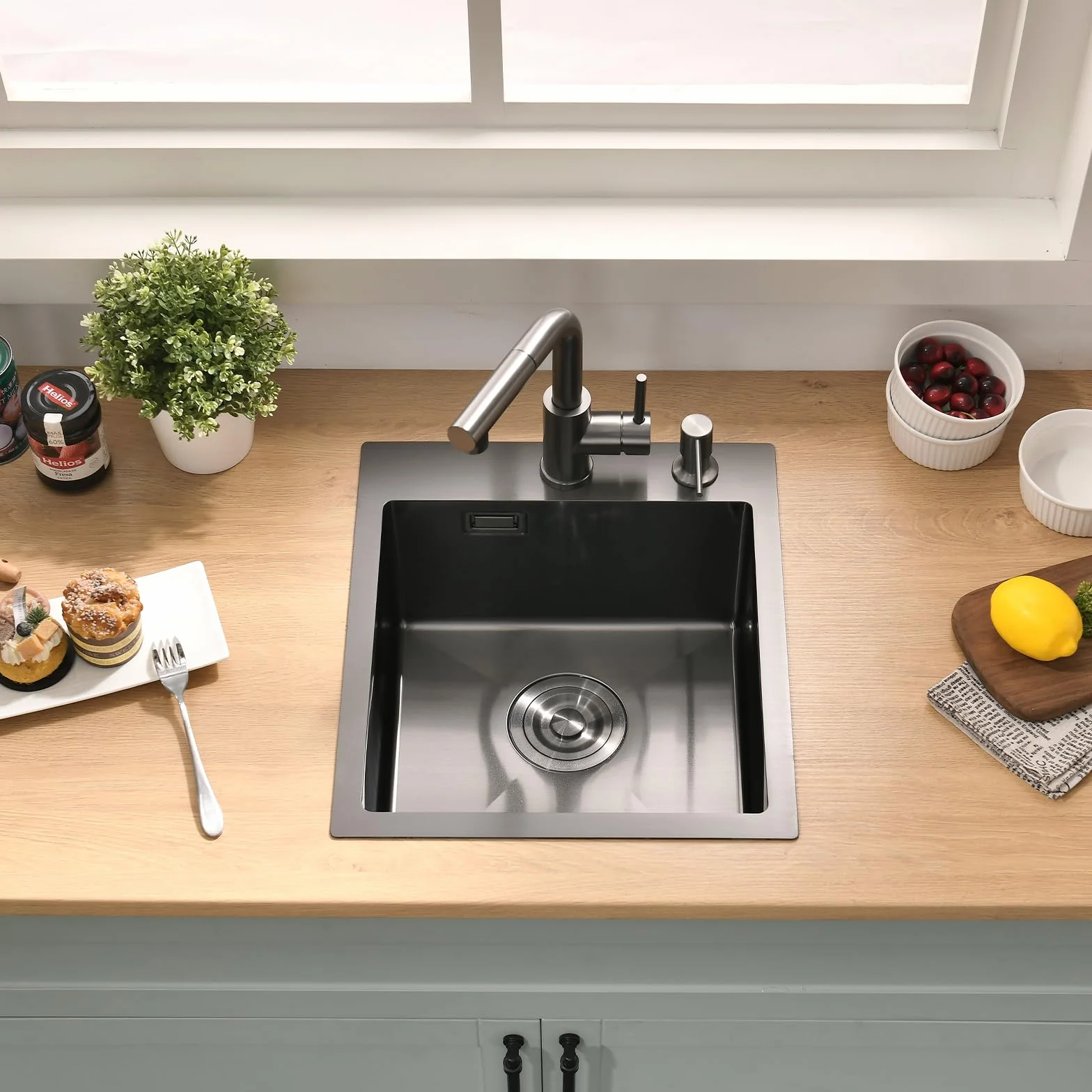 Fregadero de acero inoxidable 40 x 45 cm antracita + grifo de cocina extensible, juego completo de fregadero de cocina BoomHoze cuadrado empotrable pequeño para armario bajo de 40 cm