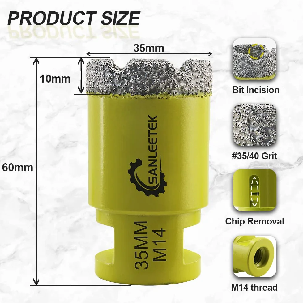 Broca de Diamante 35mm Sierra Perforadora de Diamante para Cerámica Porcelana Mármol Granito M14 Rosca SANLEETEK