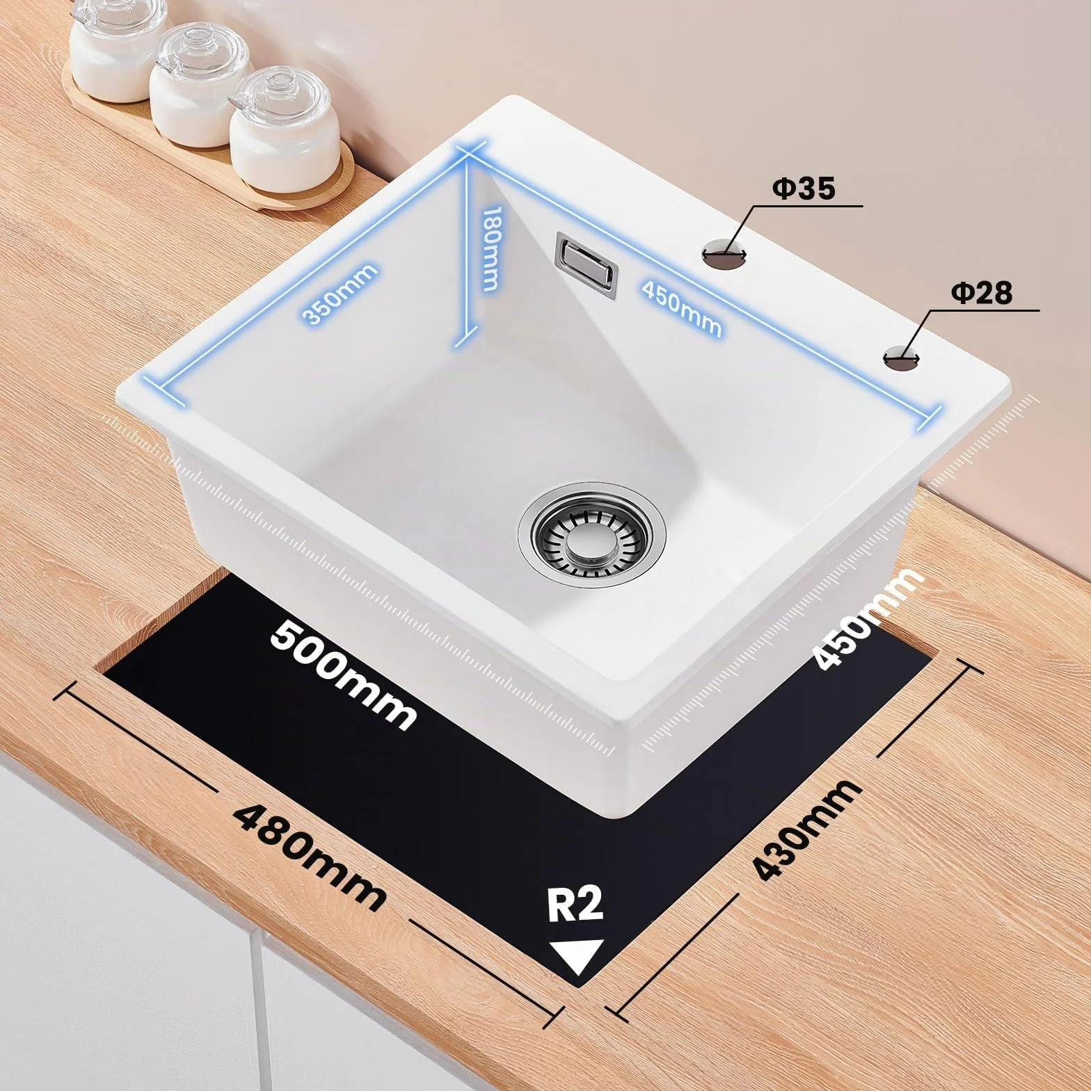 CECIPA Fregadero de cocina de 50 x 45 cm, 80% arena de cuarzo de granito, 1 lavabo empotrable, incluye sifón y sobre