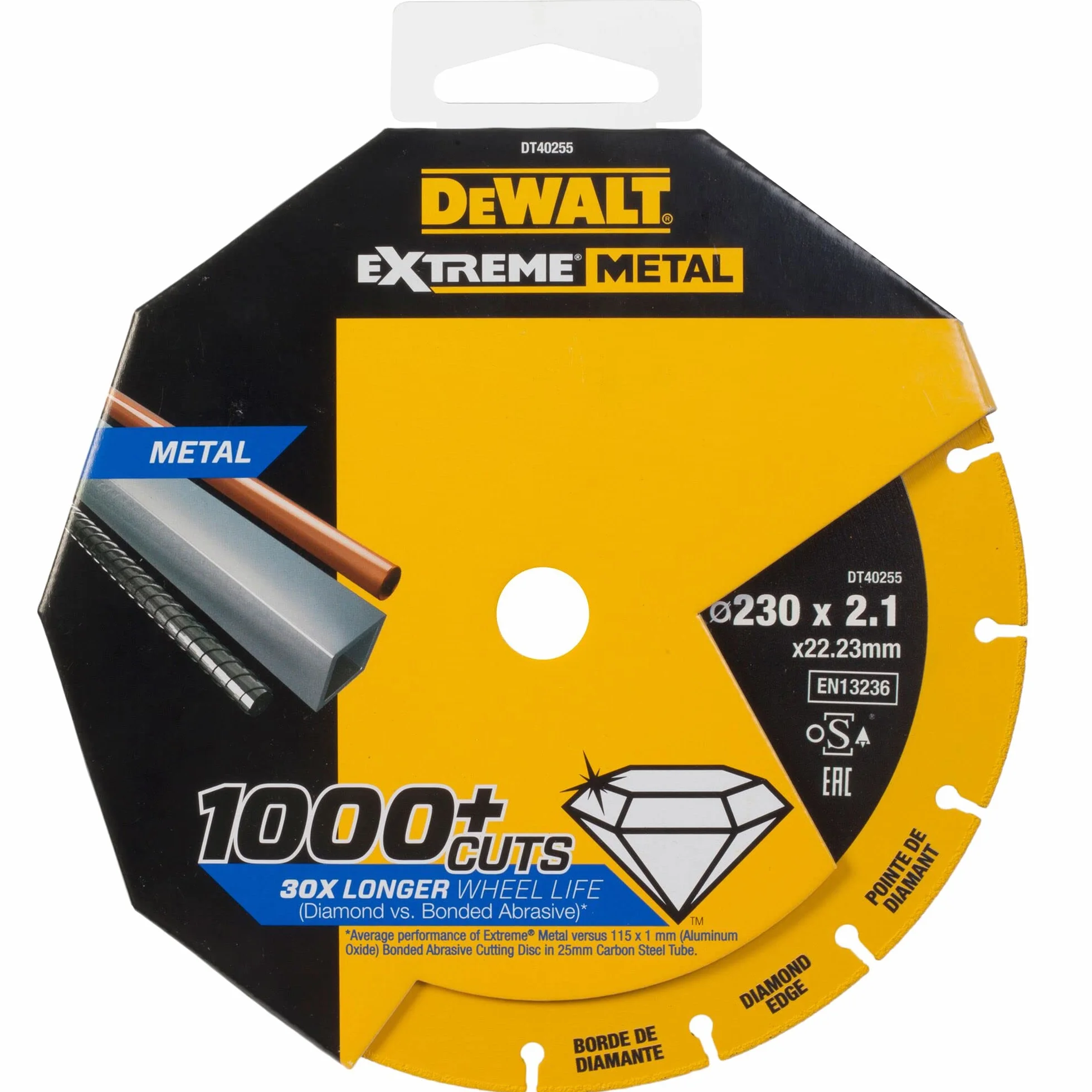 DEWALT DT40255-QZ DT40255-QZ-Disco de Corte con Borde diamantado Extreme Metal 230x2.1x22.3 mm, Amarillo/Negro