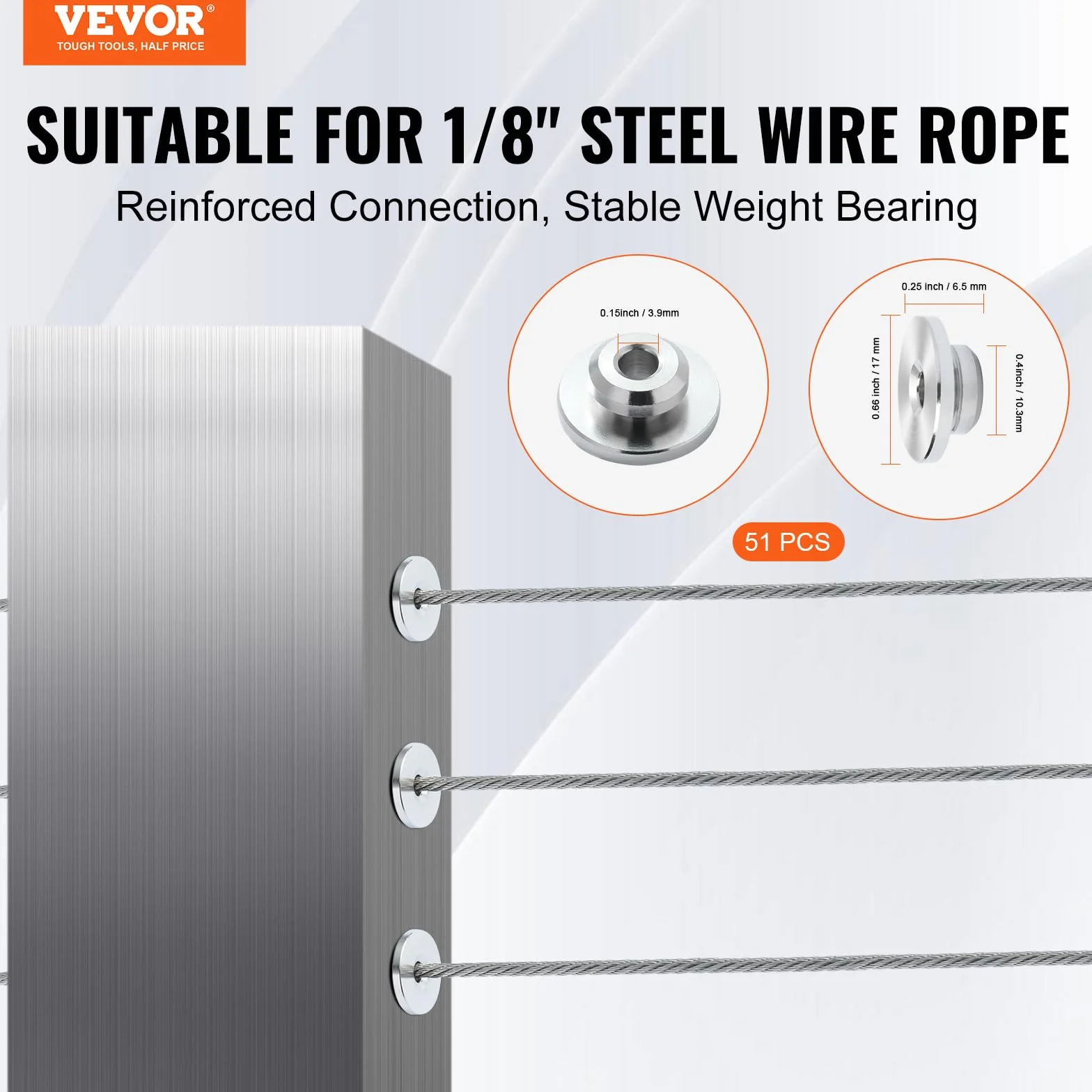 VEVOR Barandilla de cable 51 piezas fundas protectoras de rueda de 1/8", tensor de terminal invisible de 1/8", cubiertas protectoras para poste de barandilla de cable, poste de orificio horizontal