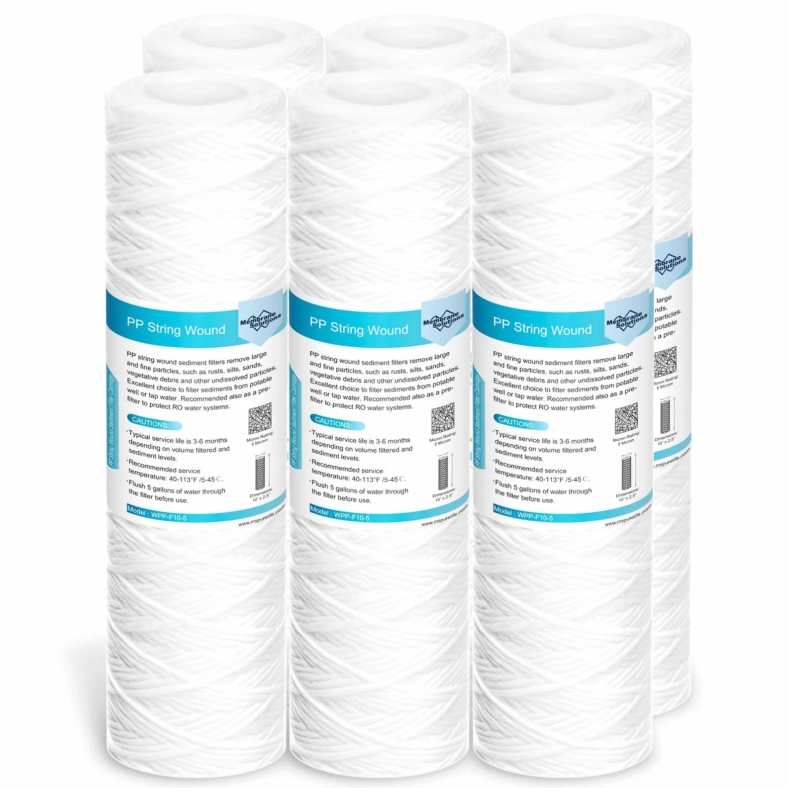 Membrane Solutions Cartucho 10" de Sedimentos 5 micras, Recambio de Filtros de Polipropileno Hilado, para Sistema Ósmosis Inversa y Sistema de Filtración de Toda la Casa, 10 x 2,5 pulgadas, 6 Pack