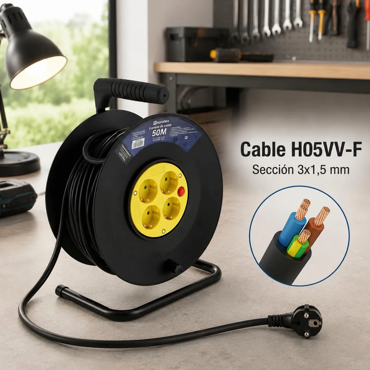 M mimotec - Enrollacables Exterior 50 Metros 4 Tomas 3200W 16A | Cable H05VV-F 3x1,5 mm² | Carrete Eléctrico con Protección Infantil | Alargador para Jardín, Garaje, Taller y Hogar