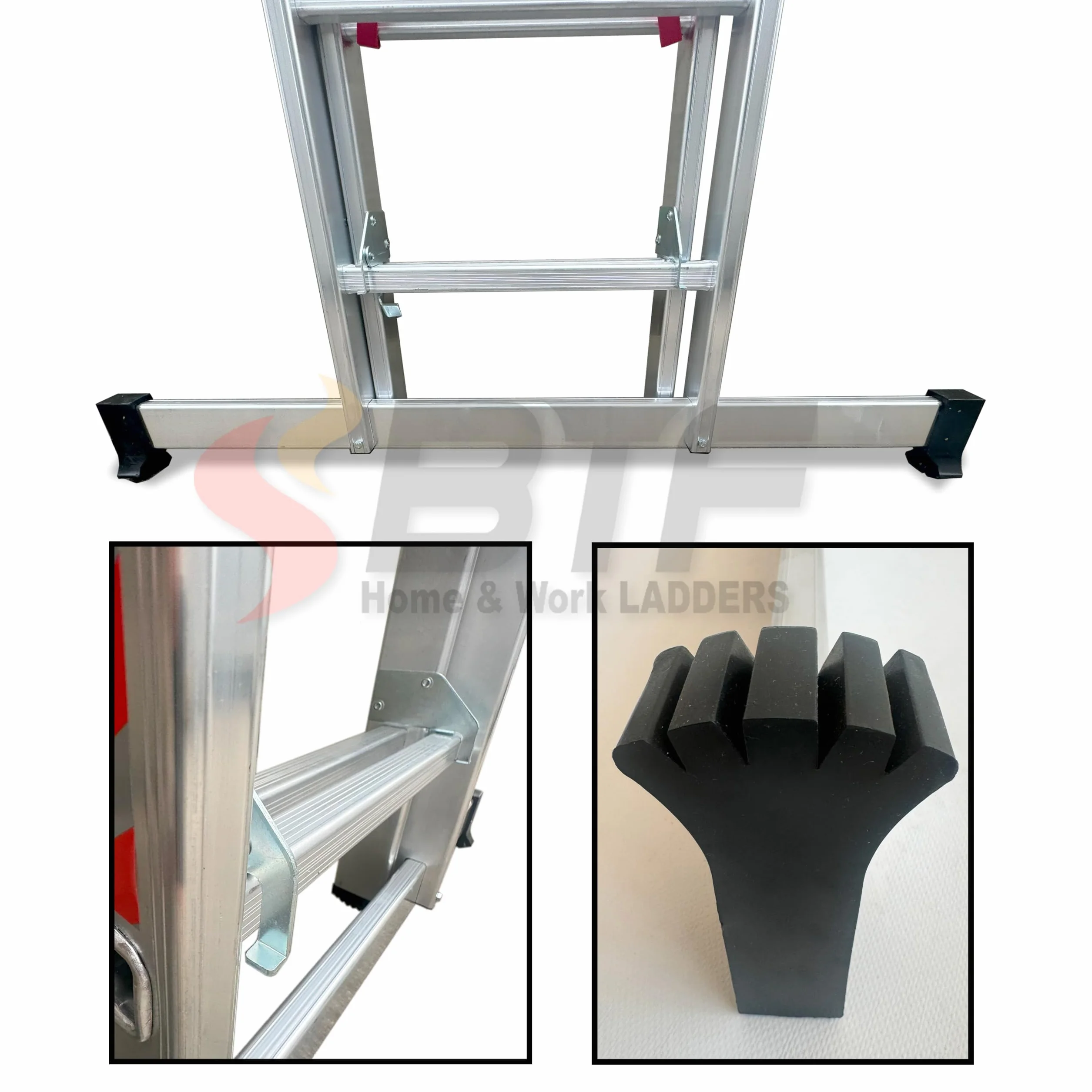 BTF | Escalera Plegable Aluminio Transformable 2 Tramos | Combinada 2 Secciones x 7 Peldaños, Escalera de Tijera y Extensible de Apoyo, Altura Apoyo 3,1m, Tijera 1,9m, Certificada EN131 Uso Doméstico