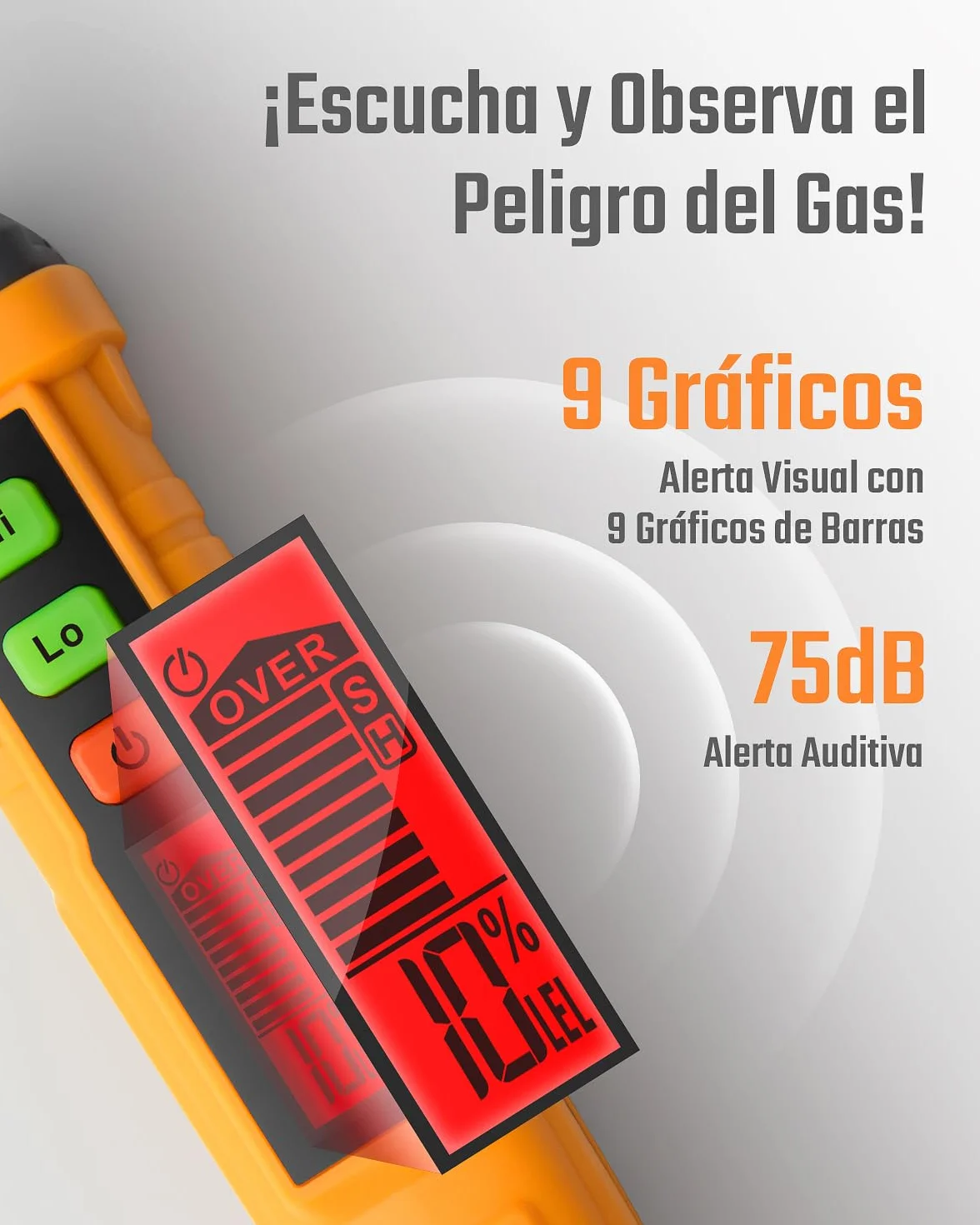 Detector de Gas Natural, TopTes PT210S Detector portátil de Fugas de Gas con sonda de 4 Pulgadas para localizar Gases combustibles como Gas Natural, midiendo%LEL (baterías Incluidas) - Naranja