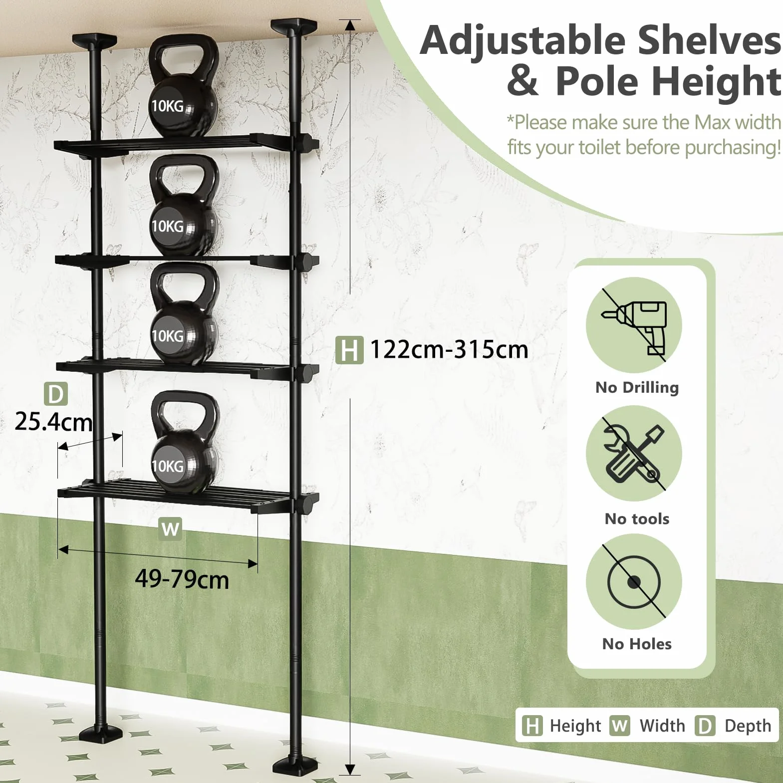 Estantería para inodoro de 4 niveles WELDUN, estante de baño ahorrador de espacio, 49-79 cm ancho, 122-315 cm alto, negro