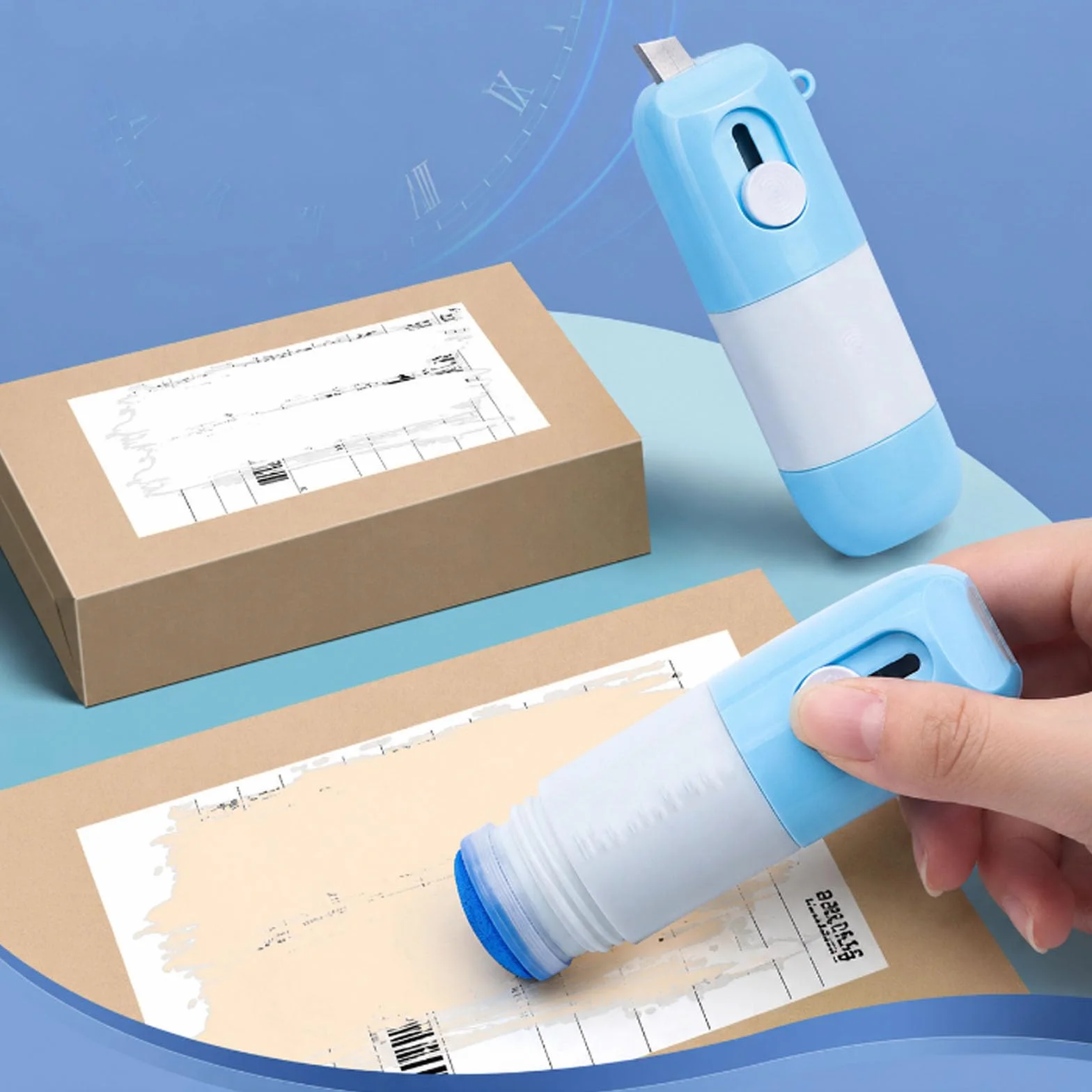 Borrador Etiquetas Paquete, Fluido Corrección Papel Térmico con Cuchillo Desempaquetado, 2 en 1 Dispositivo Borrado Fuga Anti-Inform (2 Azul)