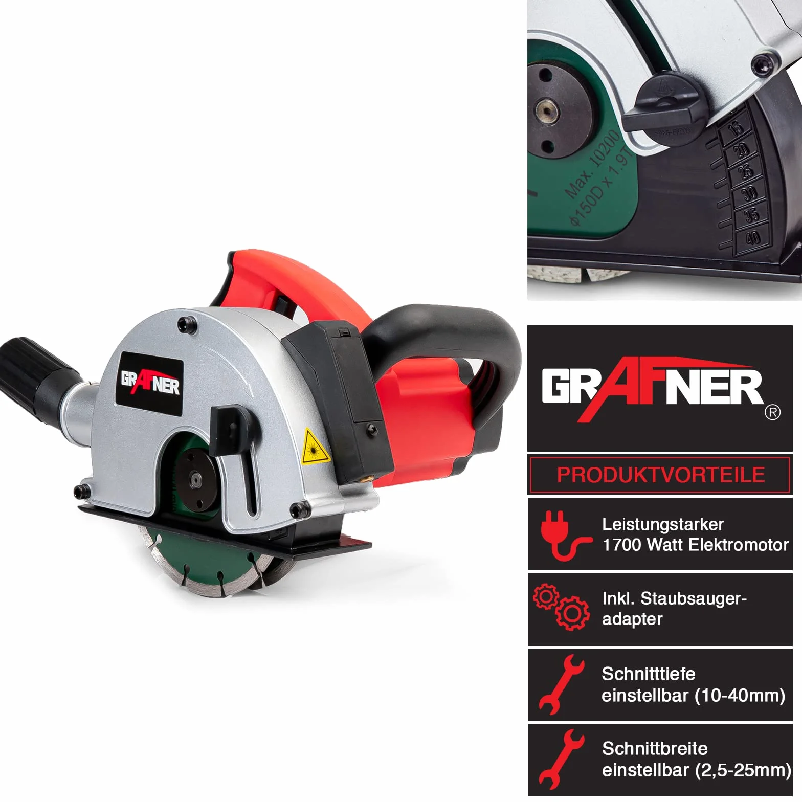 Grafner Fresadora de pared con láser, potente 1700 W con 4000 rpm, incluye 2 discos de corte de diamante de 150 mm de diámetro, extracción de polvo, ancho de ranura 14-29 mm, profundidad de ranura 10