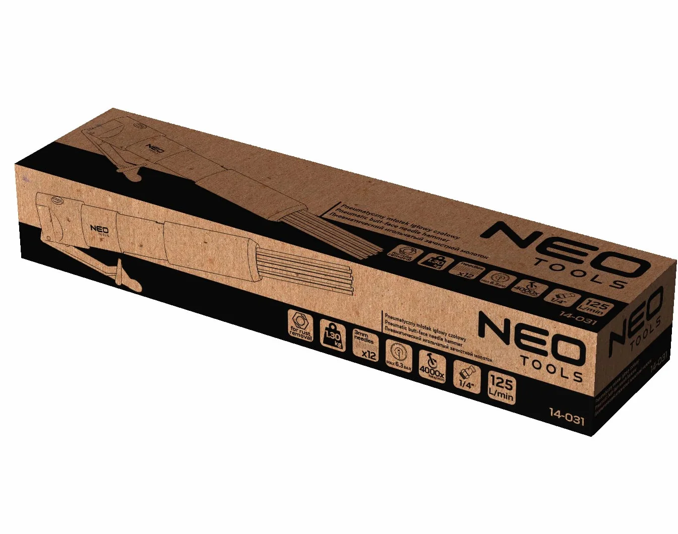 NEO TOOLS Martillo de aguja para óxido y soldadura, 12 x 3 mm, presión de trabajo 6,3 bar, consumo medio de aire 125 l/min, 4000 trazos/min, conexión, 1/4", peso 1,30 kg, CE