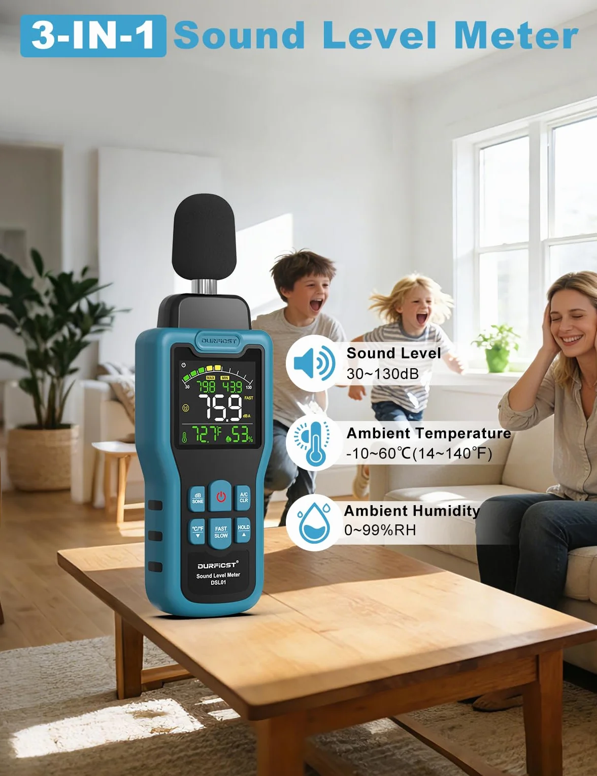 Sonometro, DURFICST Medidor de Decibelios con Temperatura y Humedad, Rango de 30-130 dB, Decibelimetro con Pantalla LCD a Color, Ponderación A/C, Unidad dB/SON, Respuesta RÁPIDA/LENTA, para Doméstico