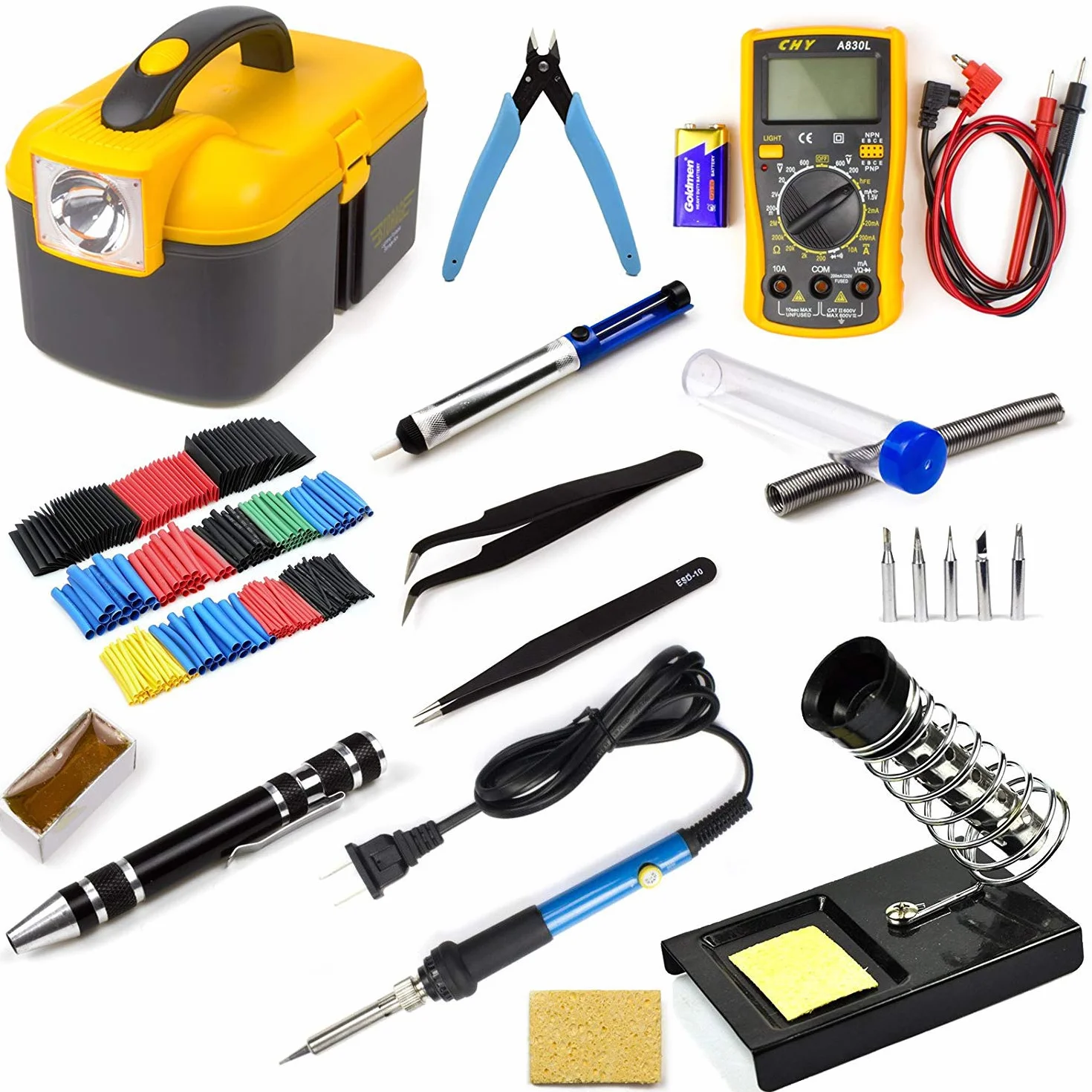Ziss Kit de herramientas de soldadura electrónica, herramienta de soldadura de temperatura ajustable con multímetro digital, 5 puntas de soldadura y 328 tubos termorretráctiles