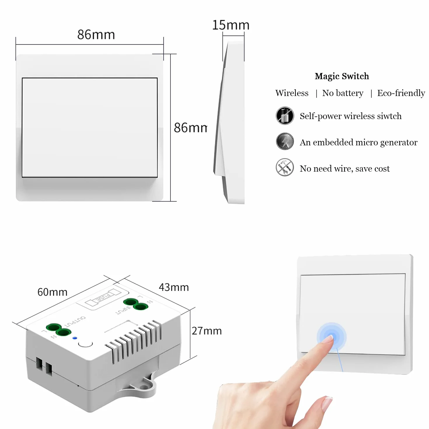 DieseRC Interruptor de luz inalámbrico autogenerado, interruptor de radiofrecuencia y receptor de relé, controlador con fusible, interruptor cinético sin batería (Kit 1 via 2 llaves)