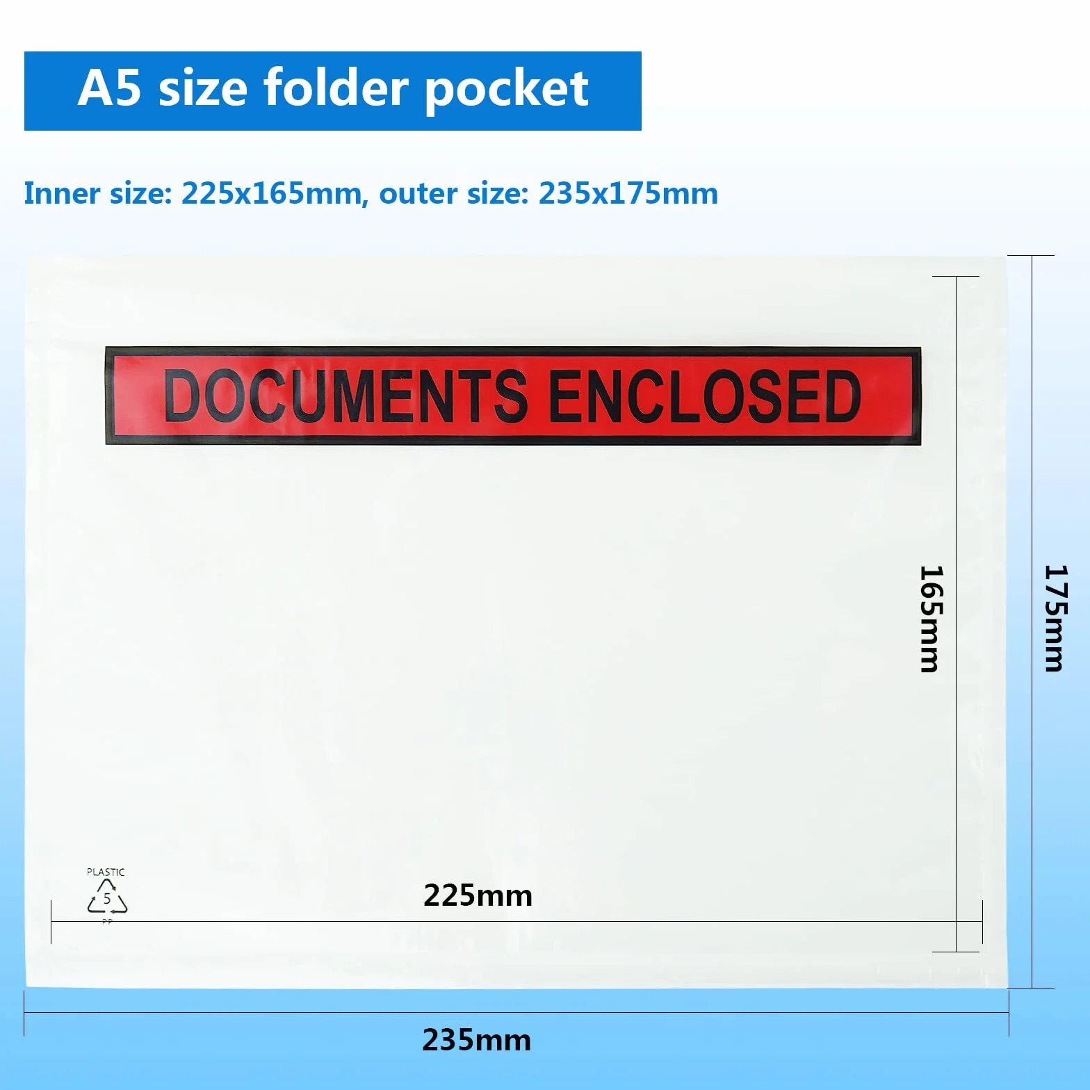 A5 Carteras cerradas para documentos, 225 x 165 mm sobres para facturas, listas de embalaje o notas, embalaje autosellado, bolsas de envío (100 unidades)