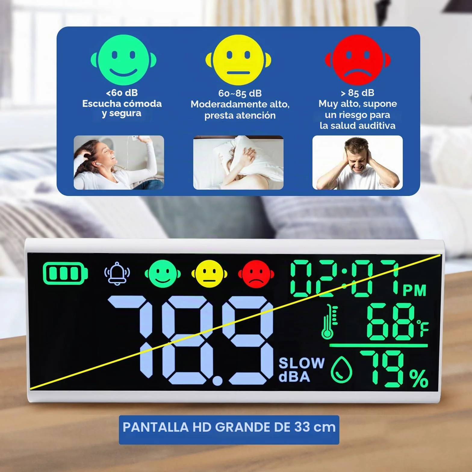 Medidor de decibelios 13 pulgadas, nivel de sonido LED para pared y mesa, alarma con zumbador