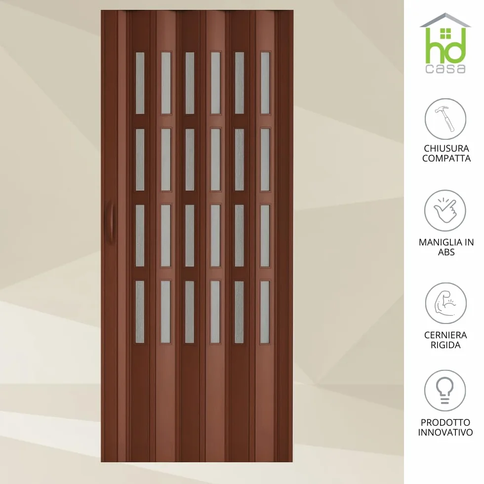 HDcasa Puerta plegable Extra Standard, PVC con cristal transparente, reversible y regulable en altura longitud, para montaje propio, fabricada Italia, decoración del hogar, nogal 82x210 cm