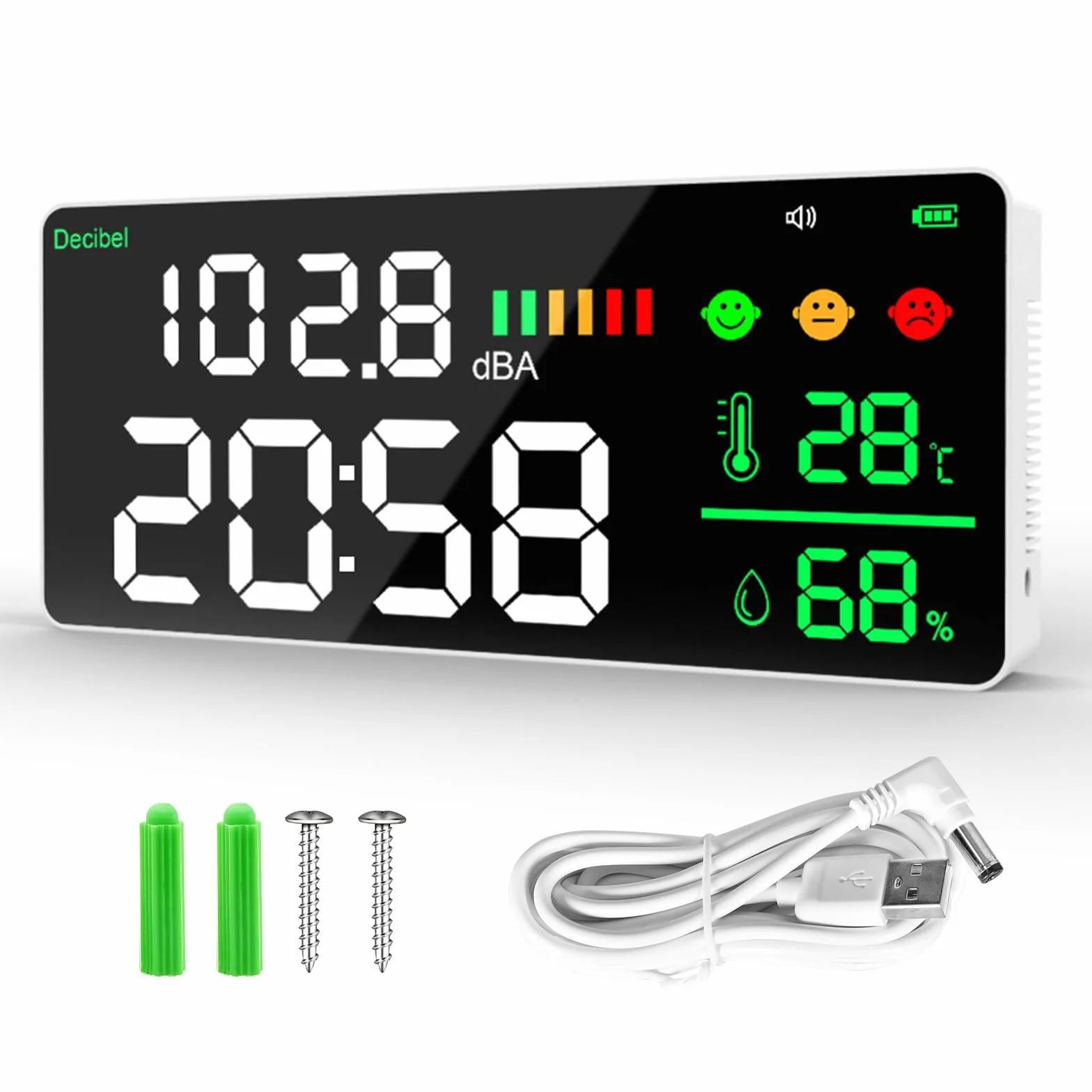 Medidor de nivel de sonido, medidor de ruido de decibelios, pantalla LED, ajuste de brillo de 30-130 dBA, rango 4 en 1, ruido, tiempo, temperatura y humedad, adecuado para casa, oficina, etc