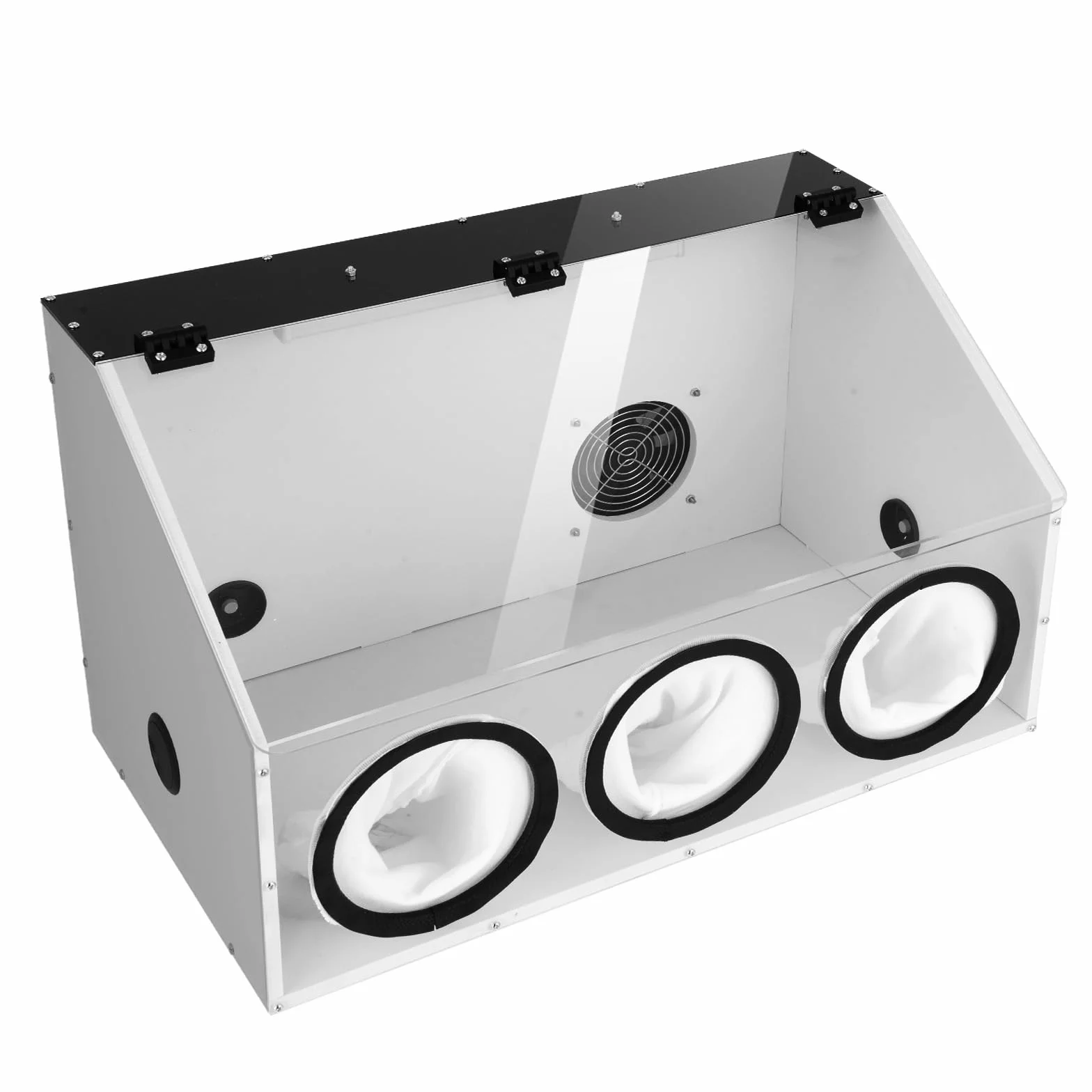 Caja de polvo acrílico cerrado 3 agujeros LED ventilador para pulido mesa de molienda | Hecho de PVC duradero y plexiglás, ventilador de 5500 rpm, bolsa para el polvo y luz LED. Ideal para grabado, pulido, lijado