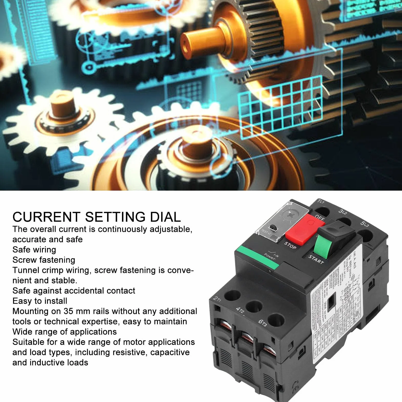 Disyuntor de Motor de 2,5 A 4 A, Interruptor Protector de Circuito con Control de Botón, Montaje en Riel de 35 Mm, para Cargas Resistivas, Capacitivas e Inductivas
