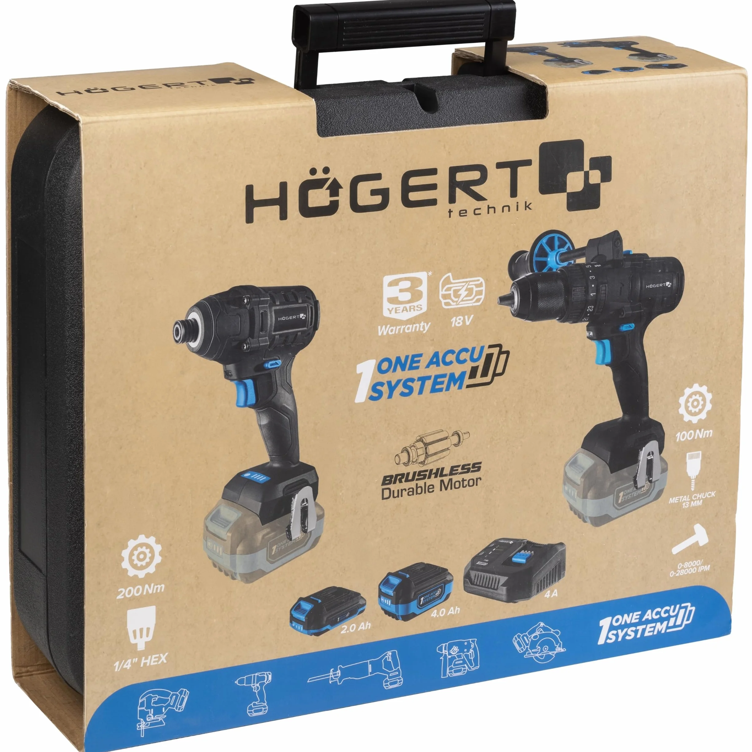 HÖGERT TECHNIK Set de taladro percutor a batería 18V, 200 Nm y 100 Nm, 2 atornilladores de impacto sin escobillas, 2 baterías, cargador 4A, iluminación LED, engranaje metálico, para madera y metal
